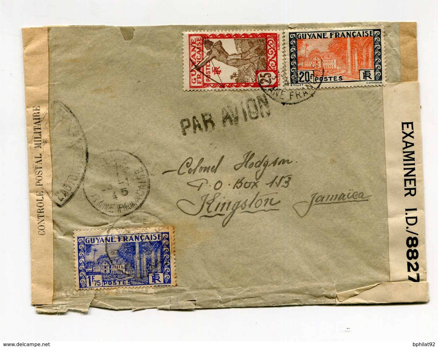 !!! PRIX FIXE : GUYANE, LETTRE PAR AVION DE CAYENNE DE 1945 POUR LA JAMAIQUE, AVEC CENSURE - Storia Postale