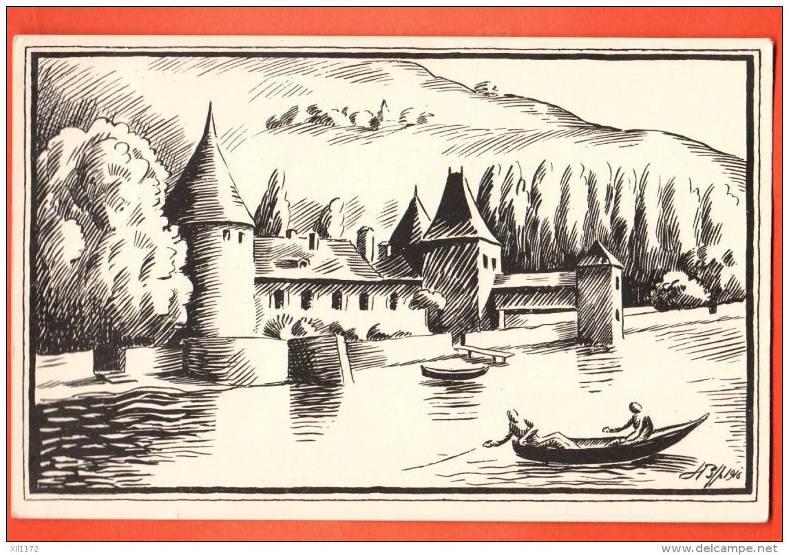 JPFC-02 RARE: Château De Rolle, Barque De Pêche, Dessin De 1916, Illustrateur. Carte Pro Juventute. Non Circulé - Rolle