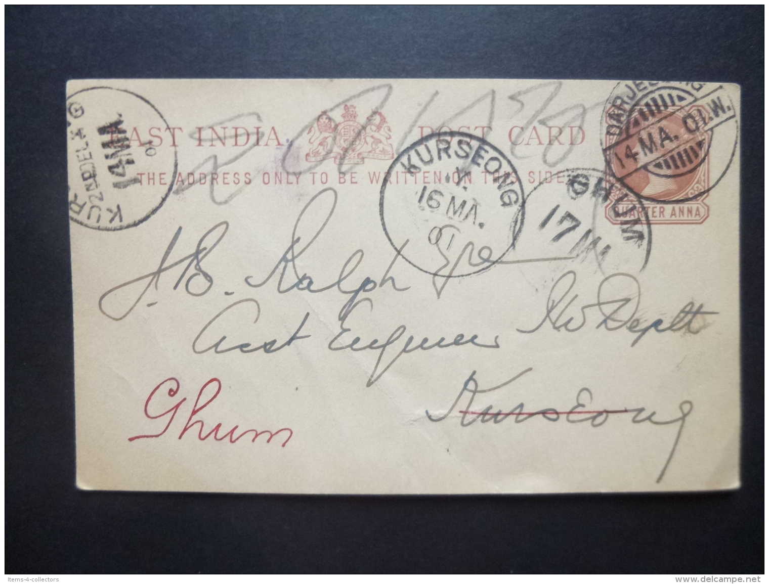 East India Post Card Quarter Anna Postmark  DARJELING /KURSEONG / GHUM 1907 - Other & Unclassified