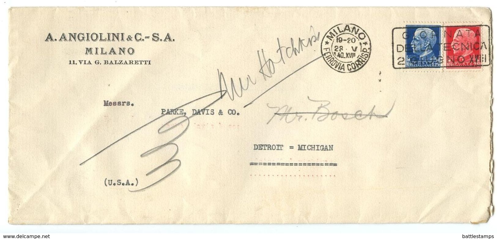 Italy 1940 Cover Milan To Detroit MI, Scott 222 & 223, Slogan Cancel - Marcophilia