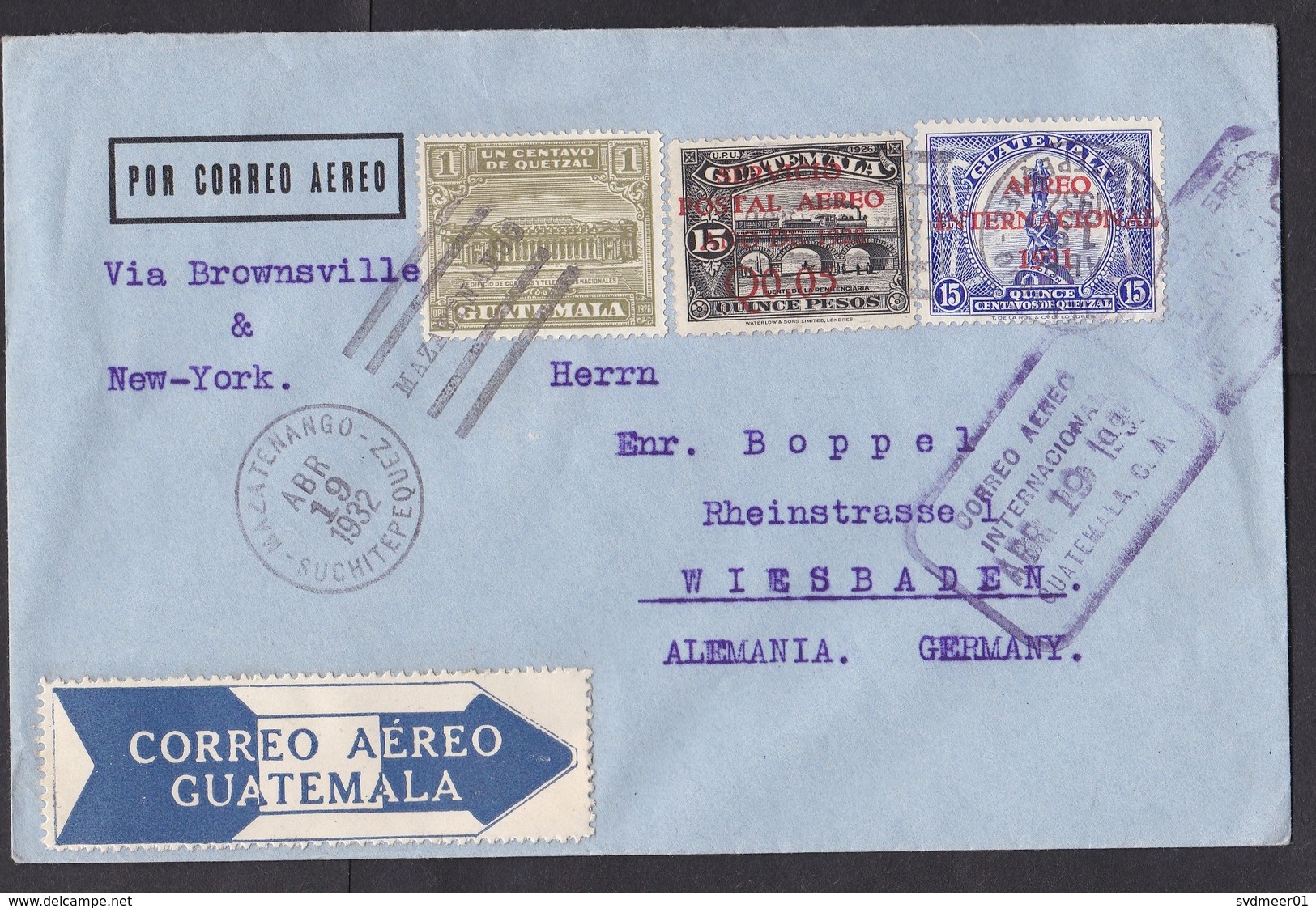 Guatemala: Airmail Cover To Germany, 1932, 3 Stamps, Overprint, Rare Arrow Air Label, Via Brownsville&NY (traces Of Use) - Guatemala