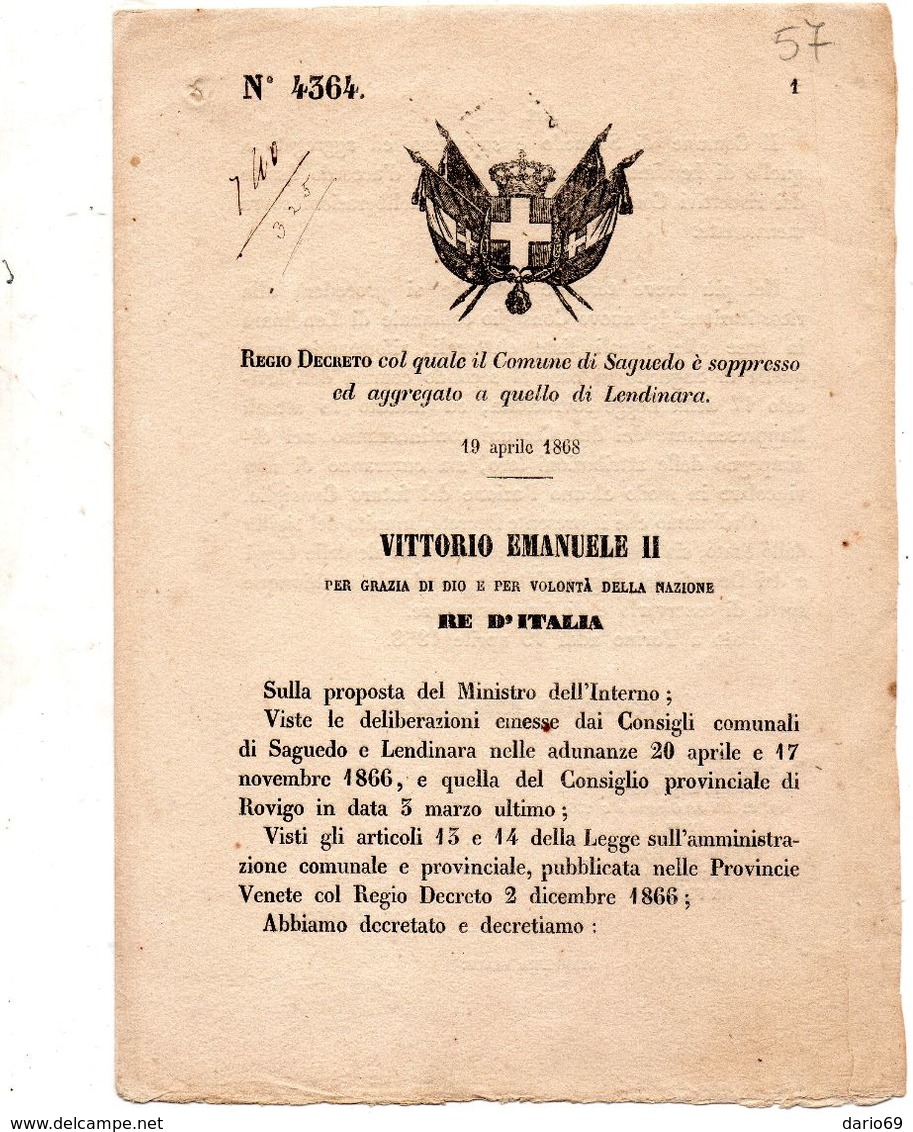 1868  DECRETO COL QUALE IL COMUNE DI SAGUEDO  E' SOPPRESSO ED AGGREGATO AL COMUNE DI LENDINARA - Decreti & Leggi