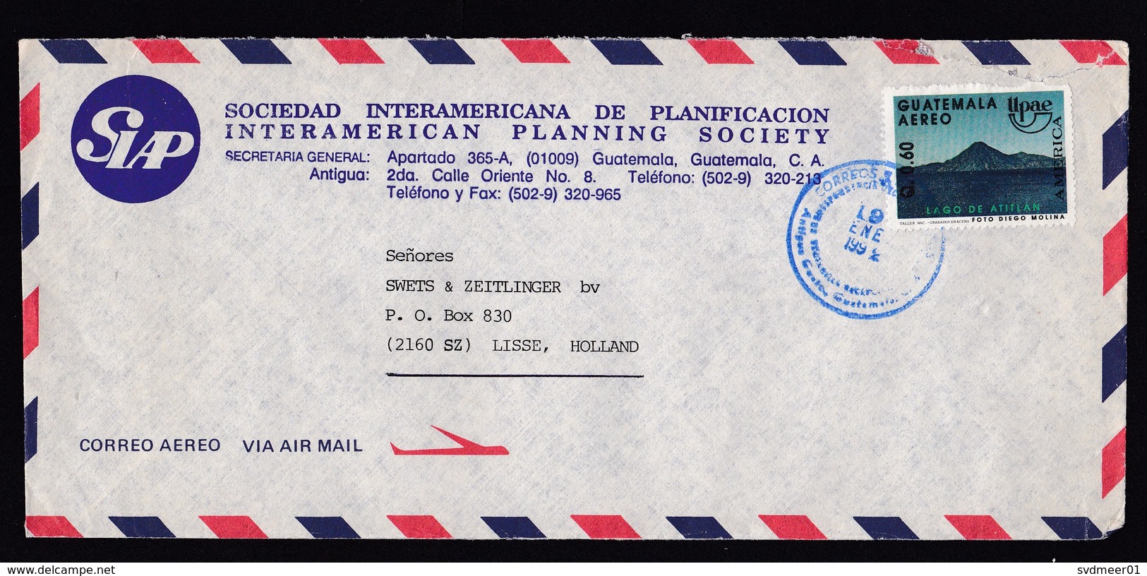 Guatemala: Airmail Cover To Netherlands, 1992, 1 Stamp, Lake, Mountain (damaged) - Guatemala