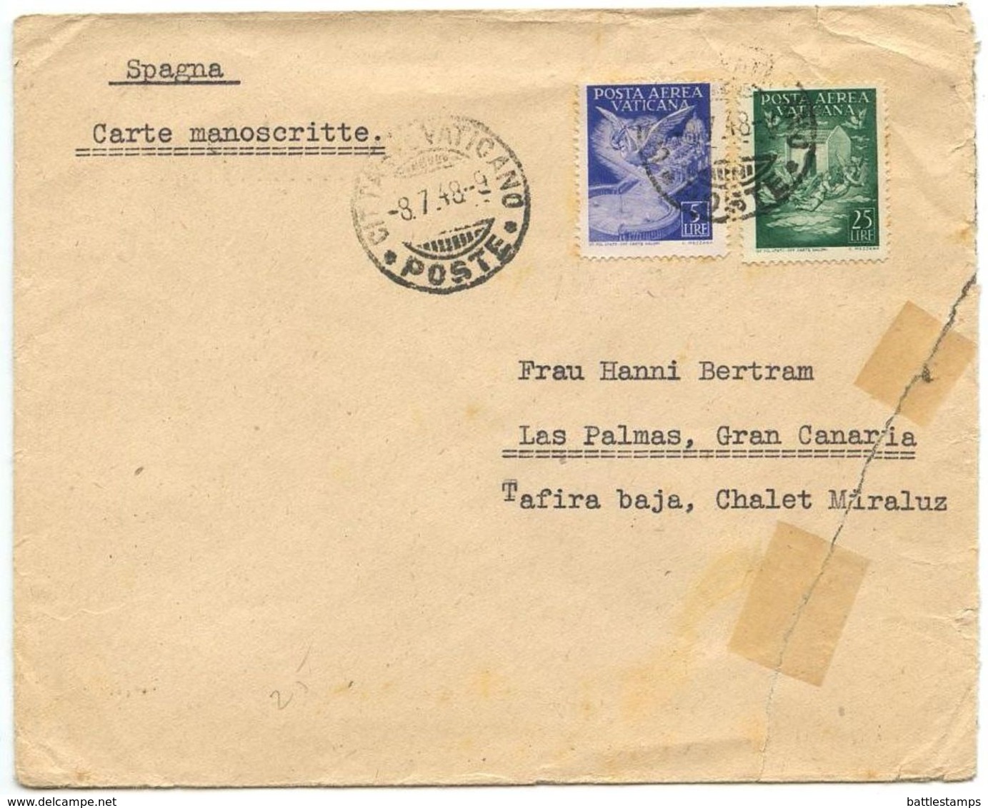 Vatican 1948 Cover Stazione Radio To Las Palmas, Gran Canaria, Scott C11 & C13 - Covers & Documents