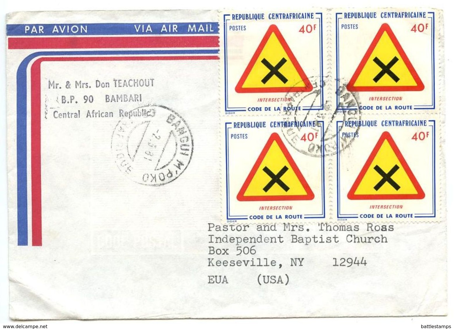 Central Africa 1981 Airmail Cover Bangui M’Poko To Keeeville NY, Scott 233 Traffic Signs - Central African Republic