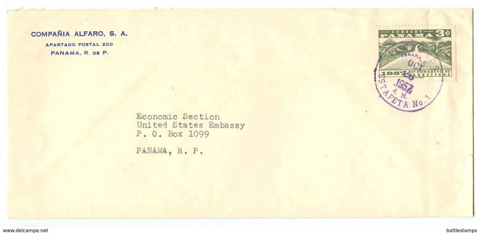 Panama 1957 Cover To Panama - United States Embassy, Scott 408 408 Pan-American Highway - Panama