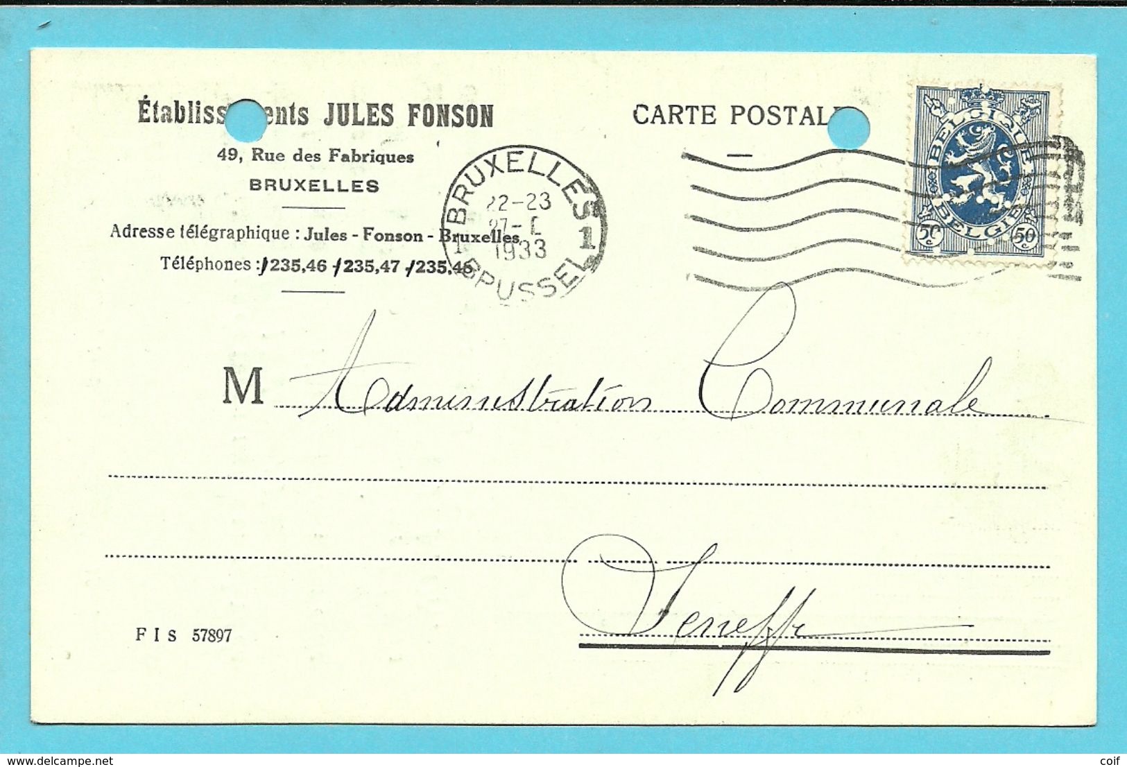 285 Op Kaart Stempel BRUXELLES Met Firmaperforatie (perfin) "J.F." Van JULES FONSON - 1909-34