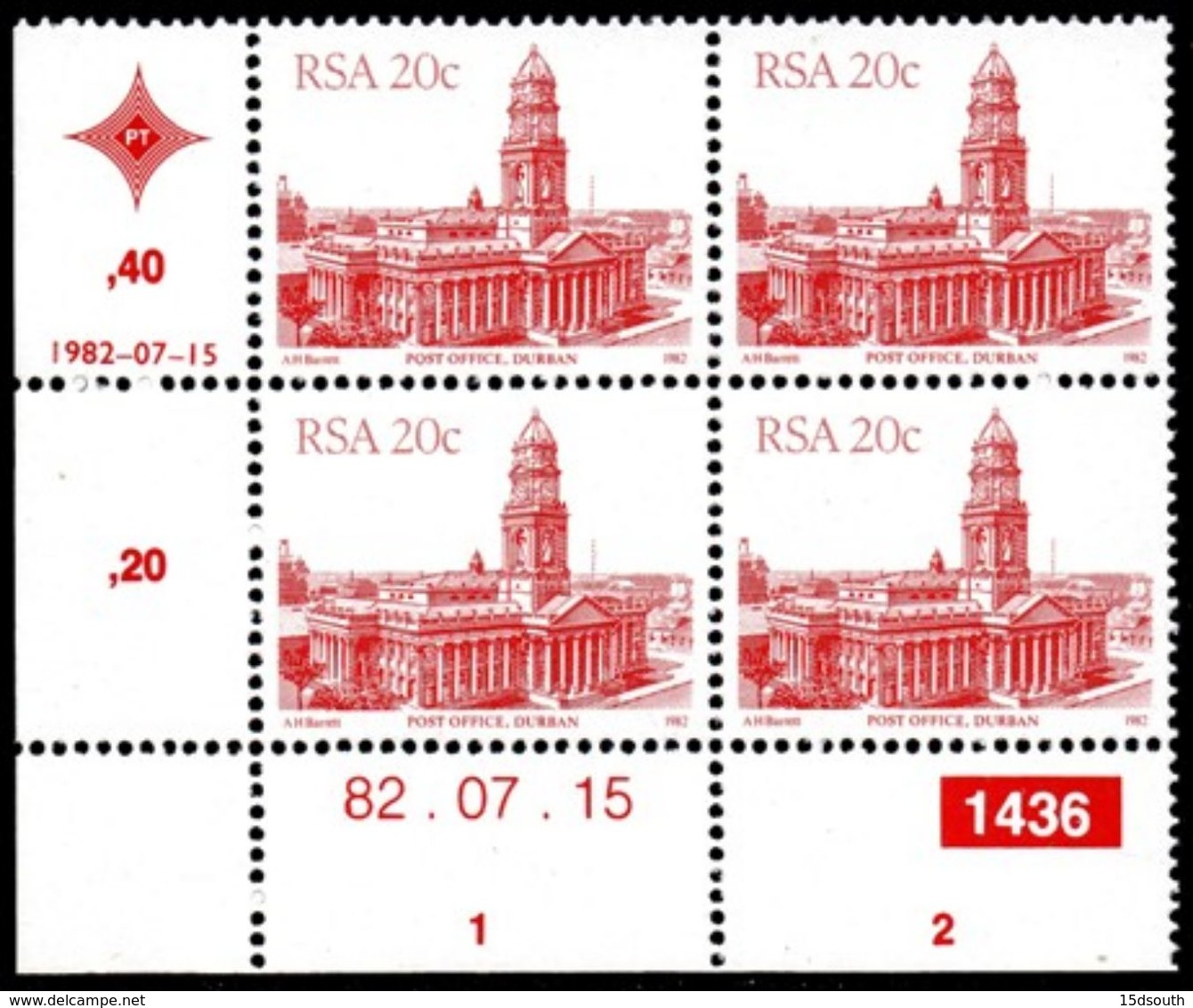 South Africa - 1982 Architecture Definitive 20c Control Block 1436 82.07.15 (**) # SG 522 , Mi 612I - Blocks & Sheetlets