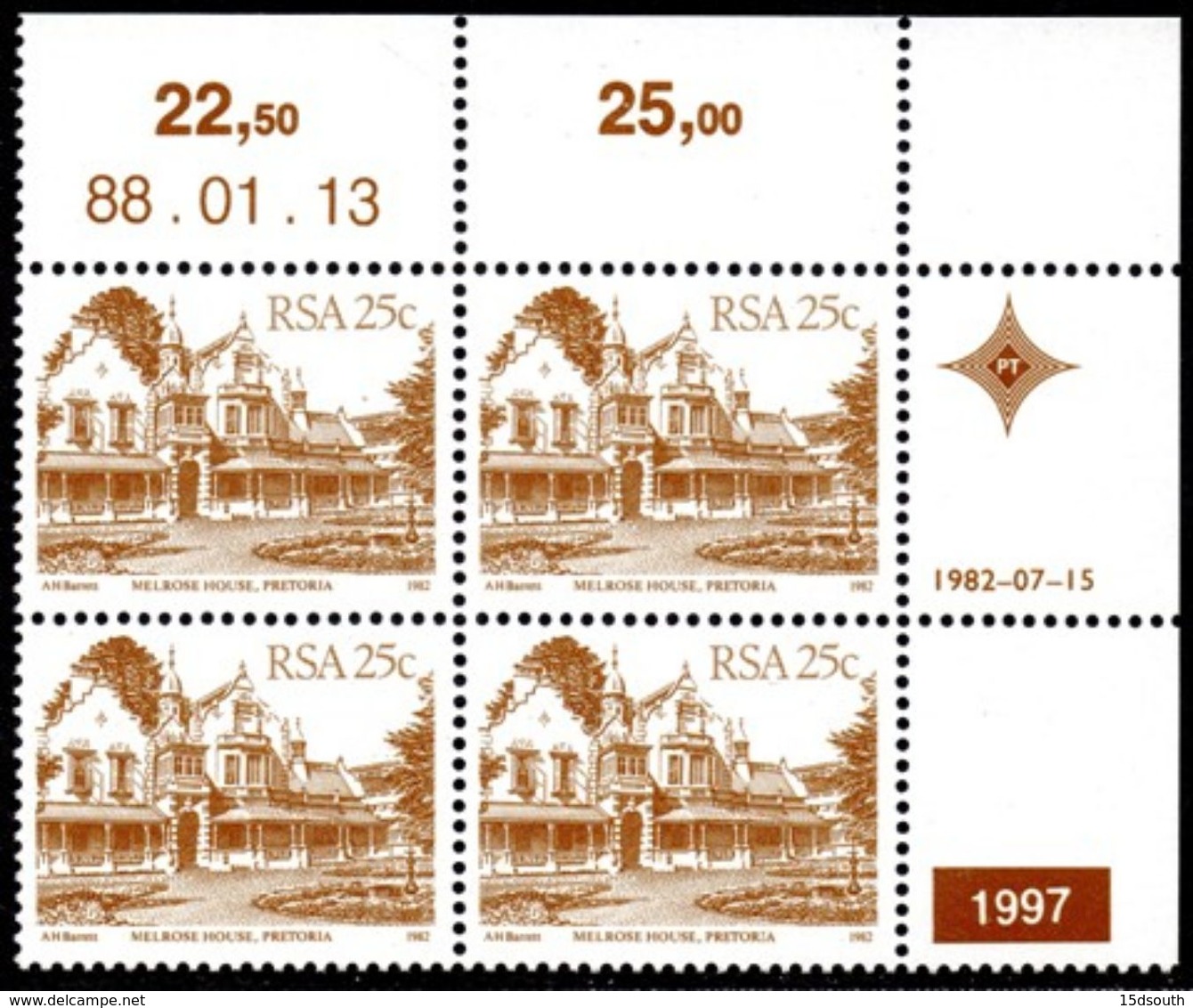 South Africa - 1982 Architecture Definitive 25c Reprint Control Block 1997 88.01.13 (**) # SG 523 , Mi 613I - Blocks & Sheetlets