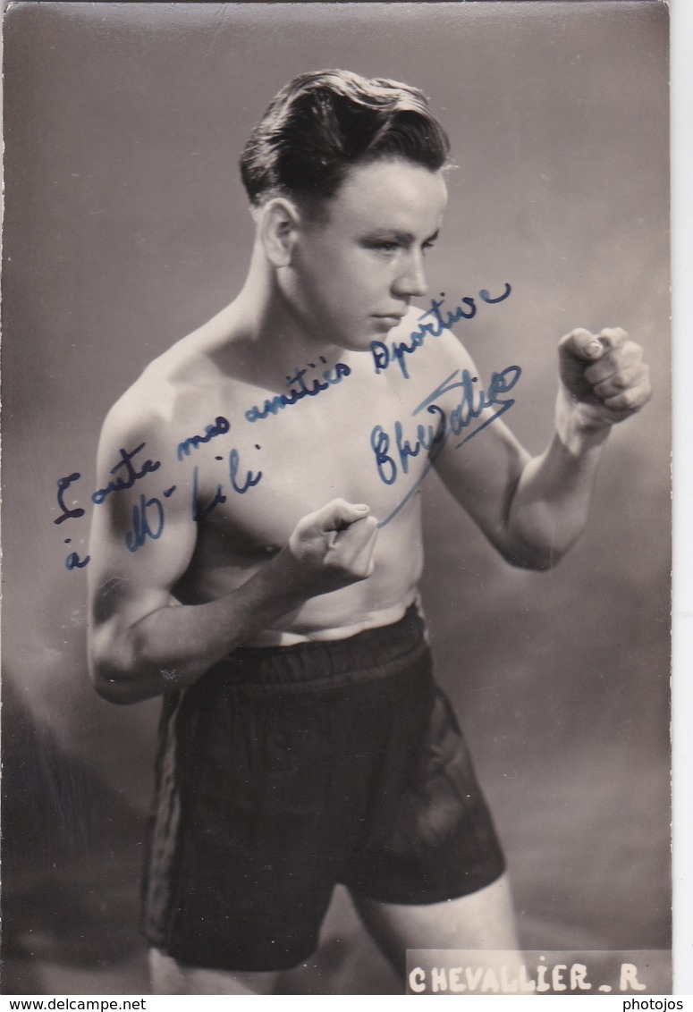 Photo Format Carte Postale  :Boxe Portrait Dédicacé D'un Jeune Boxeur Du Boxing Club De Granville Photo Studio Leroy - Signiert