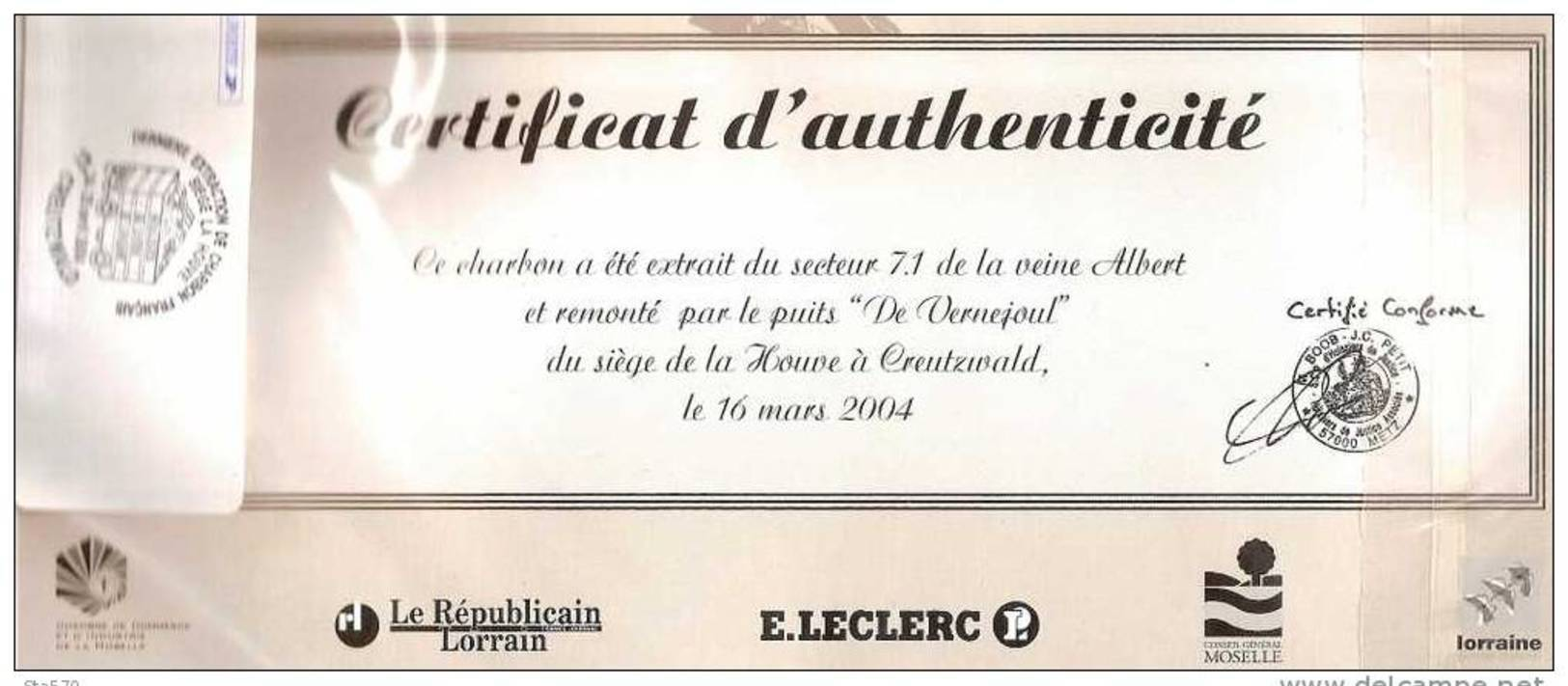 Mines De Charbon  Morceau De Houille Creutzwald  2004 Avec Certificat - Mineralien