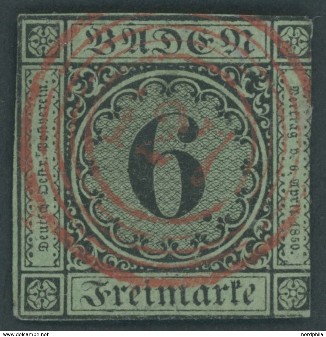 BADEN 3a O, 1851, 6 Kr. Schwarz Auf Blaugrün Mit Zentrischem Roten Nummernstempel 127 (SCHILTACH), Marke Kleine Schnittm - Sonstige & Ohne Zuordnung