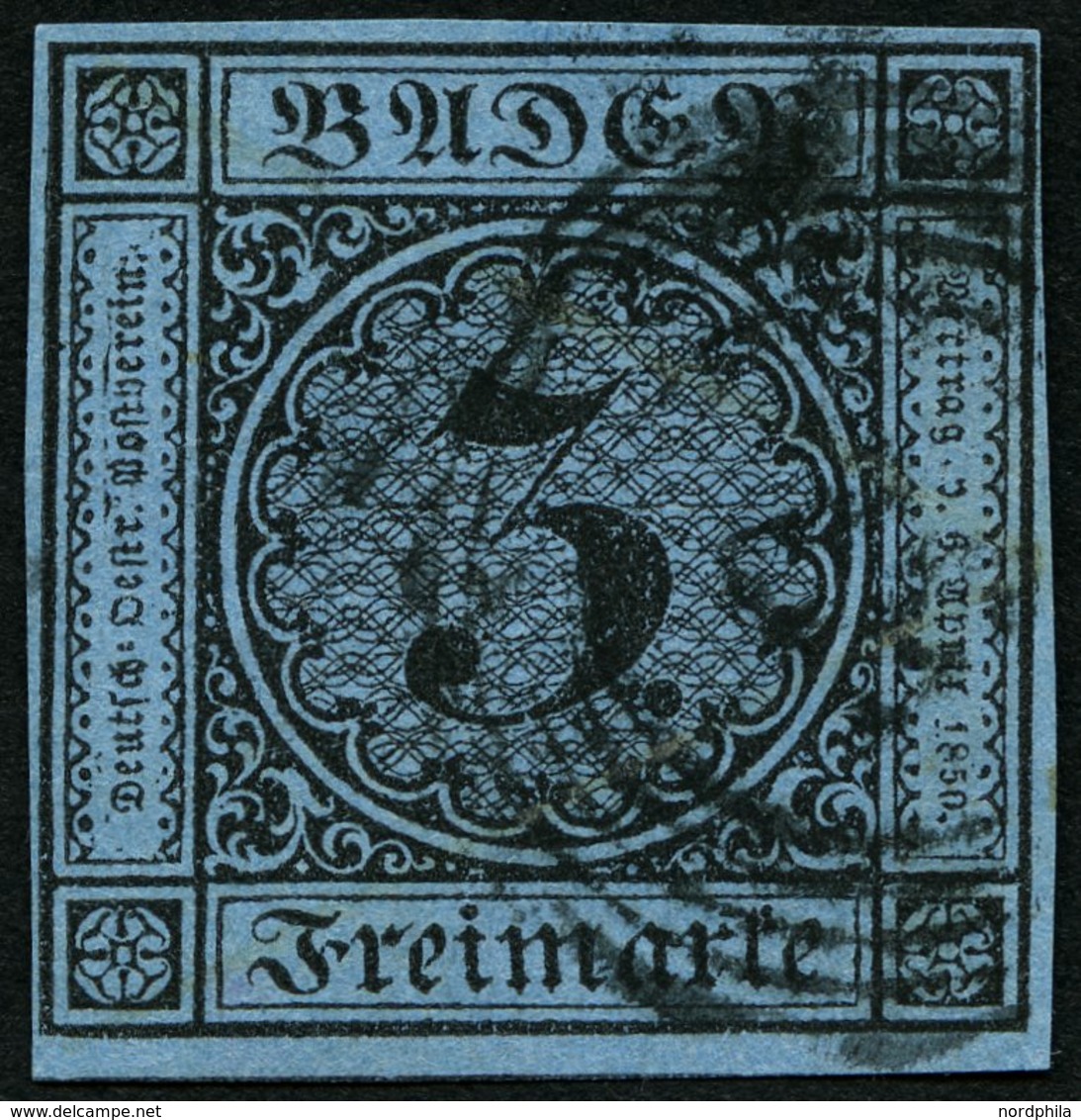 BADEN 8 O, 1858, 3 Kr. Schwarz Auf Blau, Allseits Breitrandig, Kabinett - Andere & Zonder Classificatie