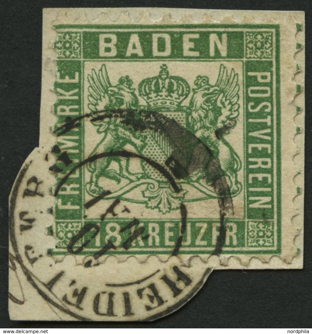 BADEN 21a BrfStk, 1862, 18 Kr. Grün, K2 HEIDELBERG, Auf Briefstück, Feinst (unten Kleines Rißchen), Kurzbefund Brettl, M - Otros & Sin Clasificación