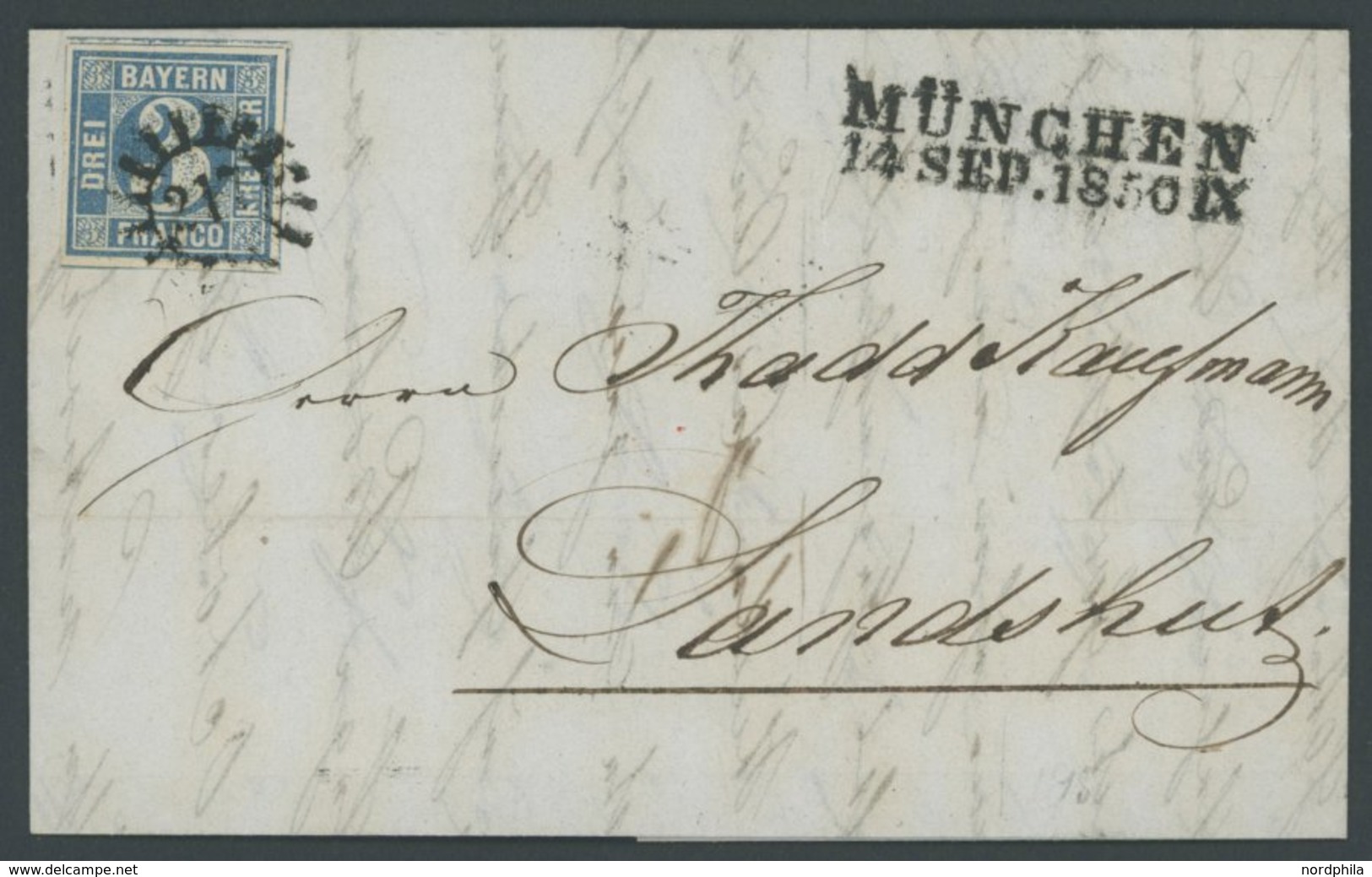 BAYERN 2Ia BRIEF, 1850, 3 Kr. Blau, Platte 1, Voll-breitrandig Mit 3 Schnittlinien, Mit MR-Stempel 217 Von MÜNCHEN Nach  - Otros & Sin Clasificación