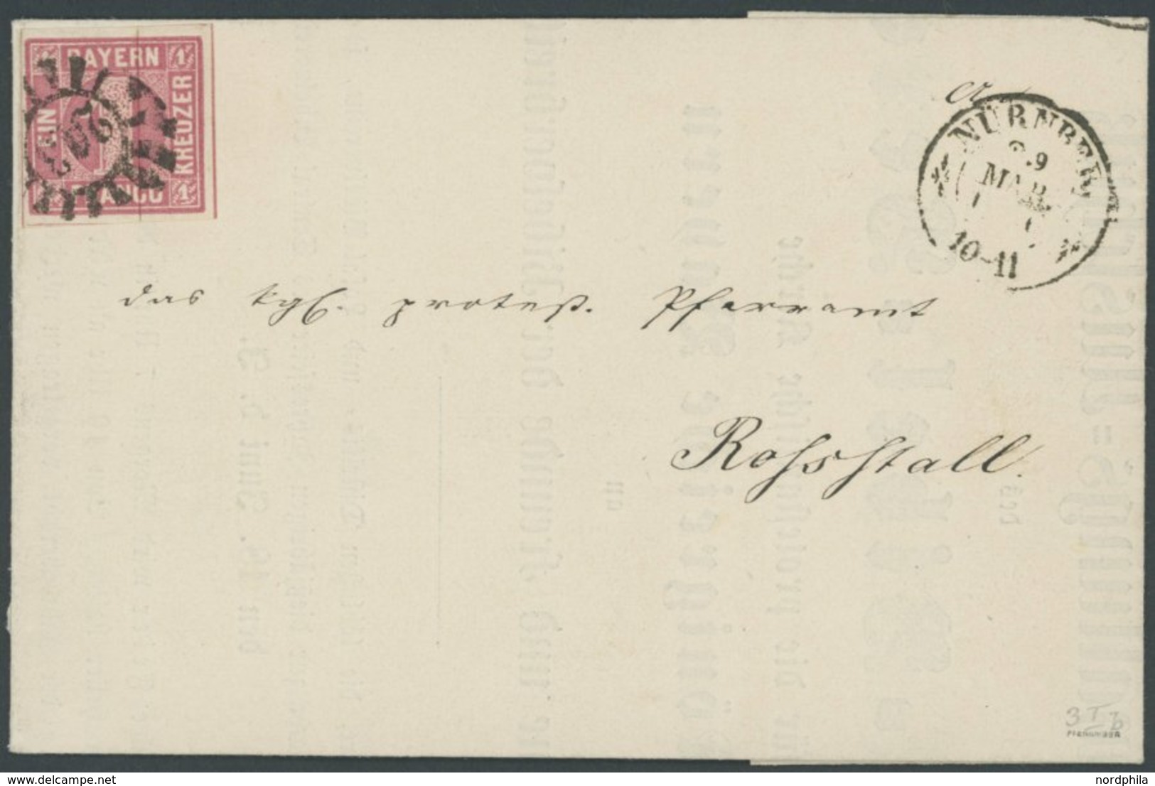BAYERN 3Ib BRIEF, 1856, 1 Kr. Dunkelrosa, Voll-breitrandig, Auf Drucksache Mit Klarem MR-Stempel 243 (Nürnberg), Prachtb - Other & Unclassified
