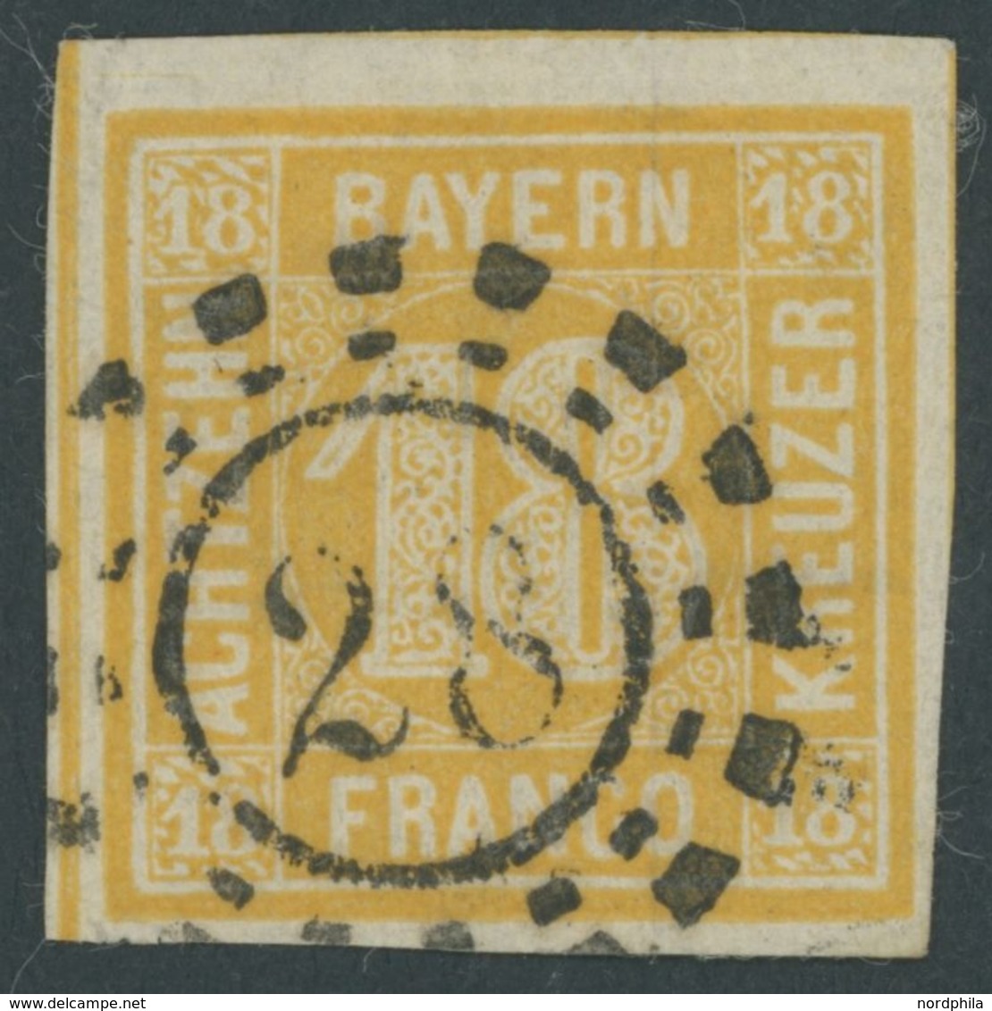 BAYERN 7 O, 1854, 18 Kr. Gelblichorange, Offener Mühlrad-Stempel 28, Allseits Breitrandig, Seidenfaden Teils Etwas Gelös - Autres & Non Classés