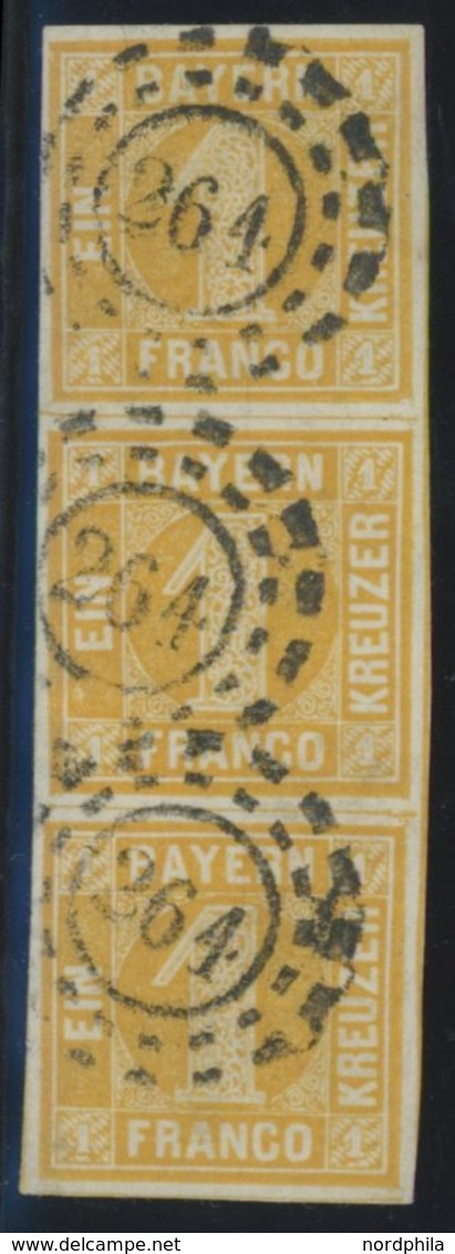 BAYERN 8I O, 1862, 1 Kr. Orangegelb, Spitze Ecken, Im Senkrechten Breitrandigen Dreierstreifen Mit Offenem MR-Stempel 26 - Otros & Sin Clasificación