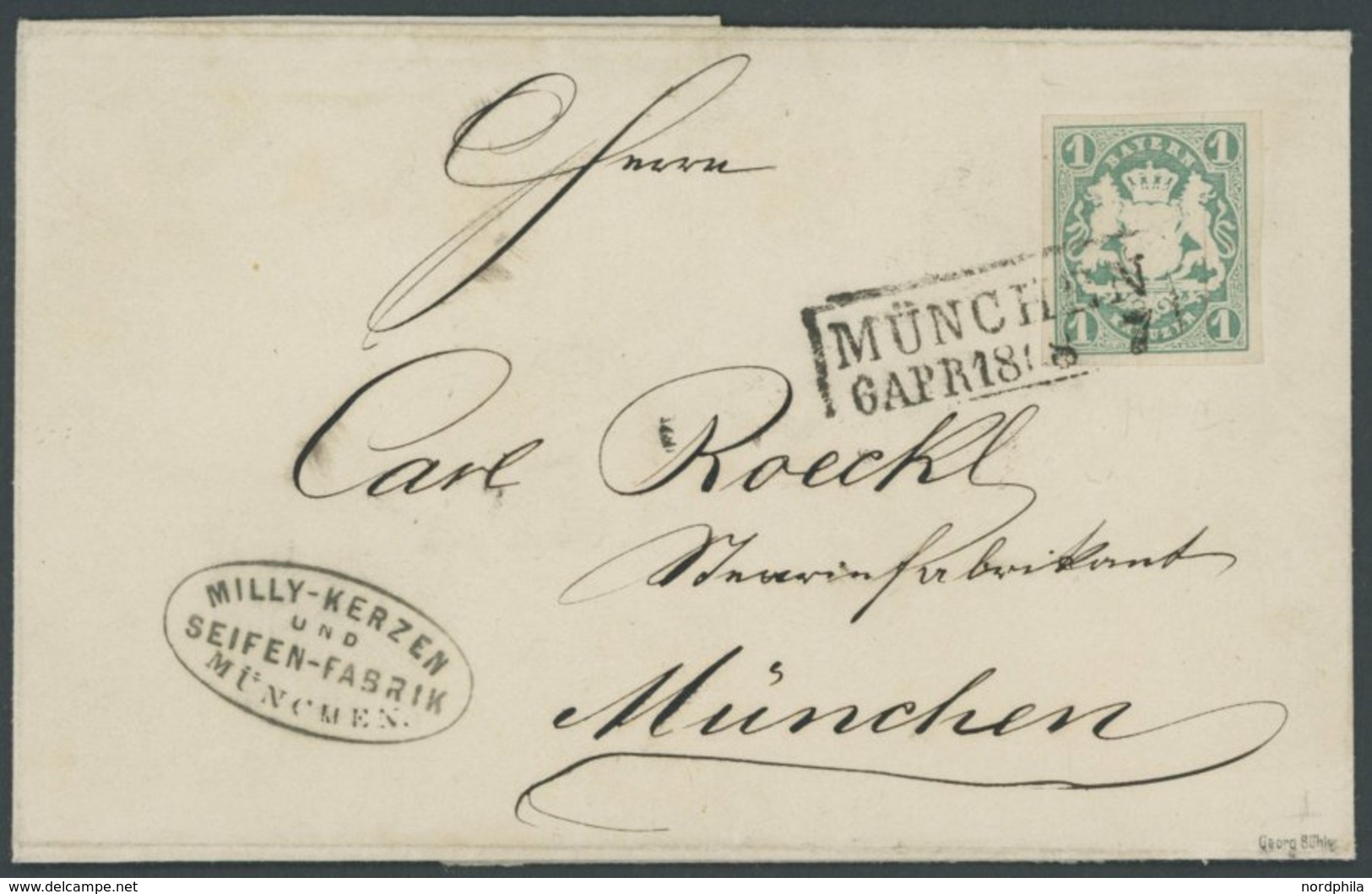 BAYERN 14c BRIEF, 1868, 1 Kr. Dunkelblaugrün Auf Ortsbrief MÜNCHEN, Kabinett, Gepr. Schmitt - Andere & Zonder Classificatie