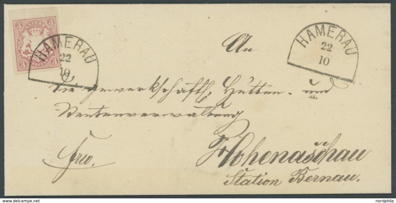 BAYERN 15 BRIEF, 1867, 3 Kr. Hellrötlichkarmin, Oberrandstück, Auf Brief Mit Segmentstempel HAMERAU, Kabinett, Gepr. Sch - Other & Unclassified