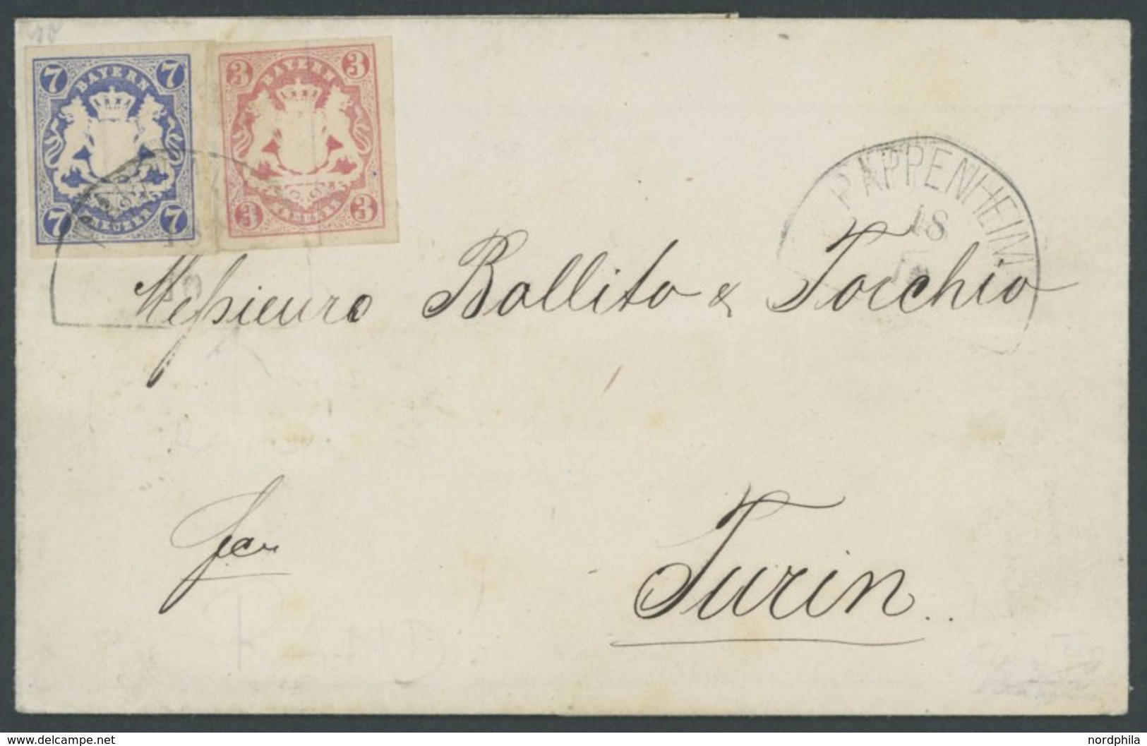 BAYERN 15,21a BRIEF, 1869, 7 Kr. Ultramarin Und 3 Kr. Karmin Mit Segmentstempel PAPPENHEIM Auf Brief Nach Turin, Pracht, - Altri & Non Classificati