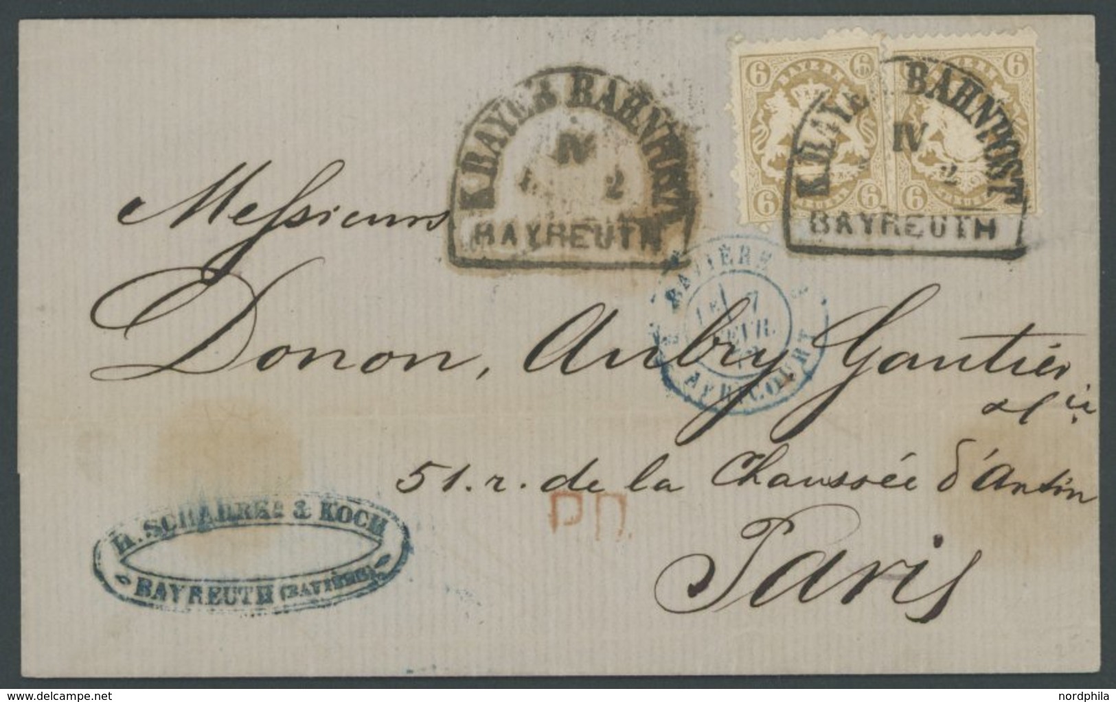 BAYERN 24X BRIEF, 1872, 6 Kr. Lebhaftockerbraun, Wz. Enge Rauten, 2x Mit Seltenen Bahnpoststempeln Von BAYREUTH Nach Par - Other & Unclassified