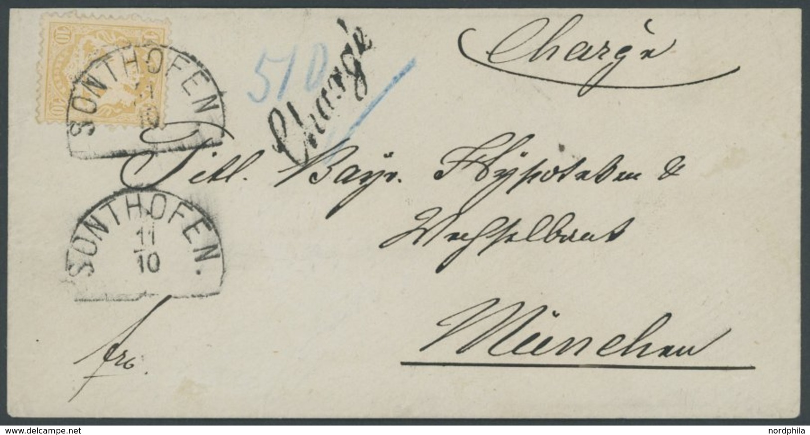 BAYERN 29Yb BRIEF, 1873, 10 Kr. Dunkelgelb, Wz. Weite Rauten, Auf CHargé-Brief Von SONTHOFEN Nach München, Kabinett, Gep - Sonstige & Ohne Zuordnung