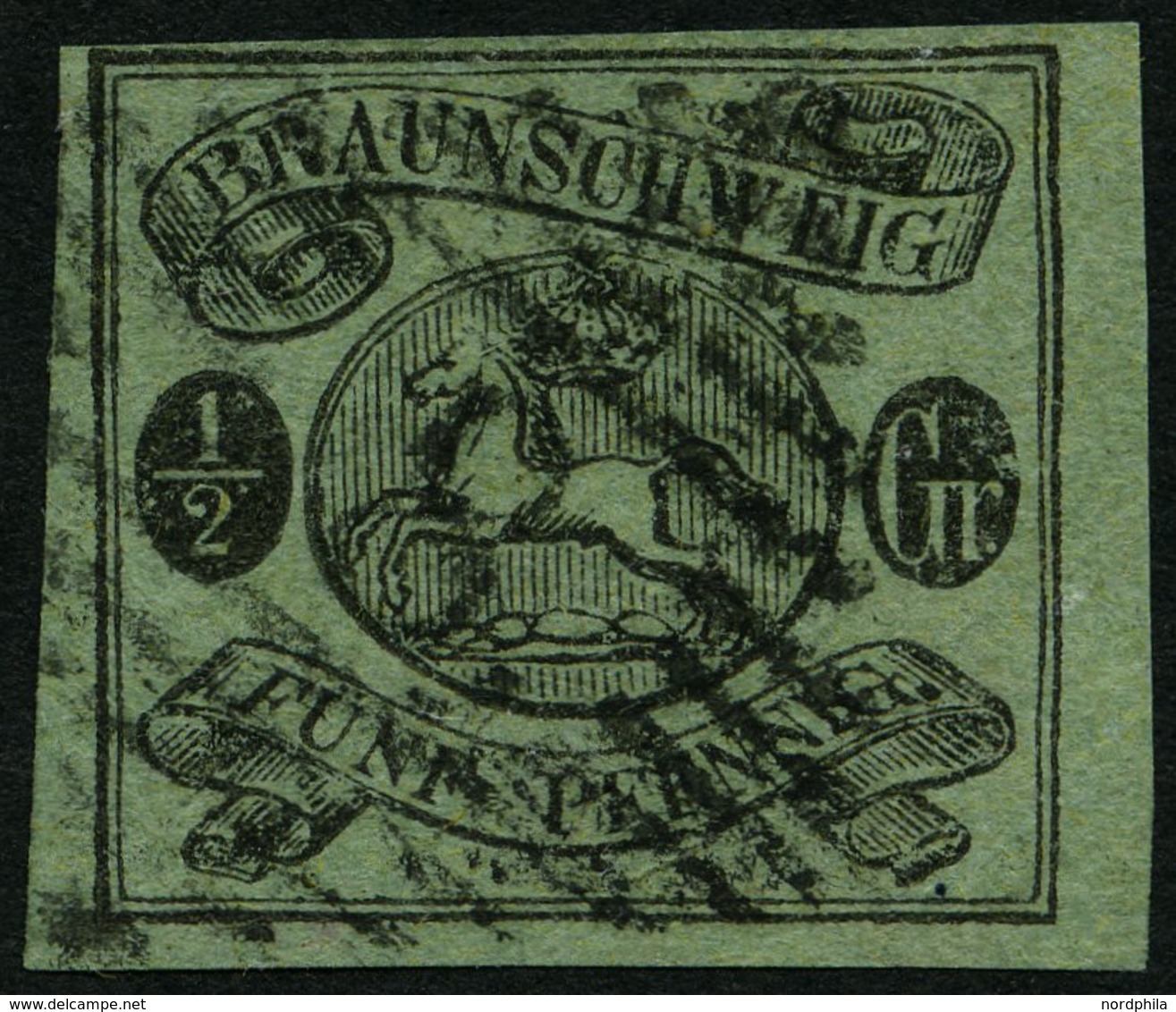 BRAUNSCHWEIG 10A O, 1863, 1/2 Gr. Schwarz Auf Lebhaftgraugrün, Nummernstempel 8, Pracht, Signiert R.F. Engel, Mi. 300.- - Braunschweig