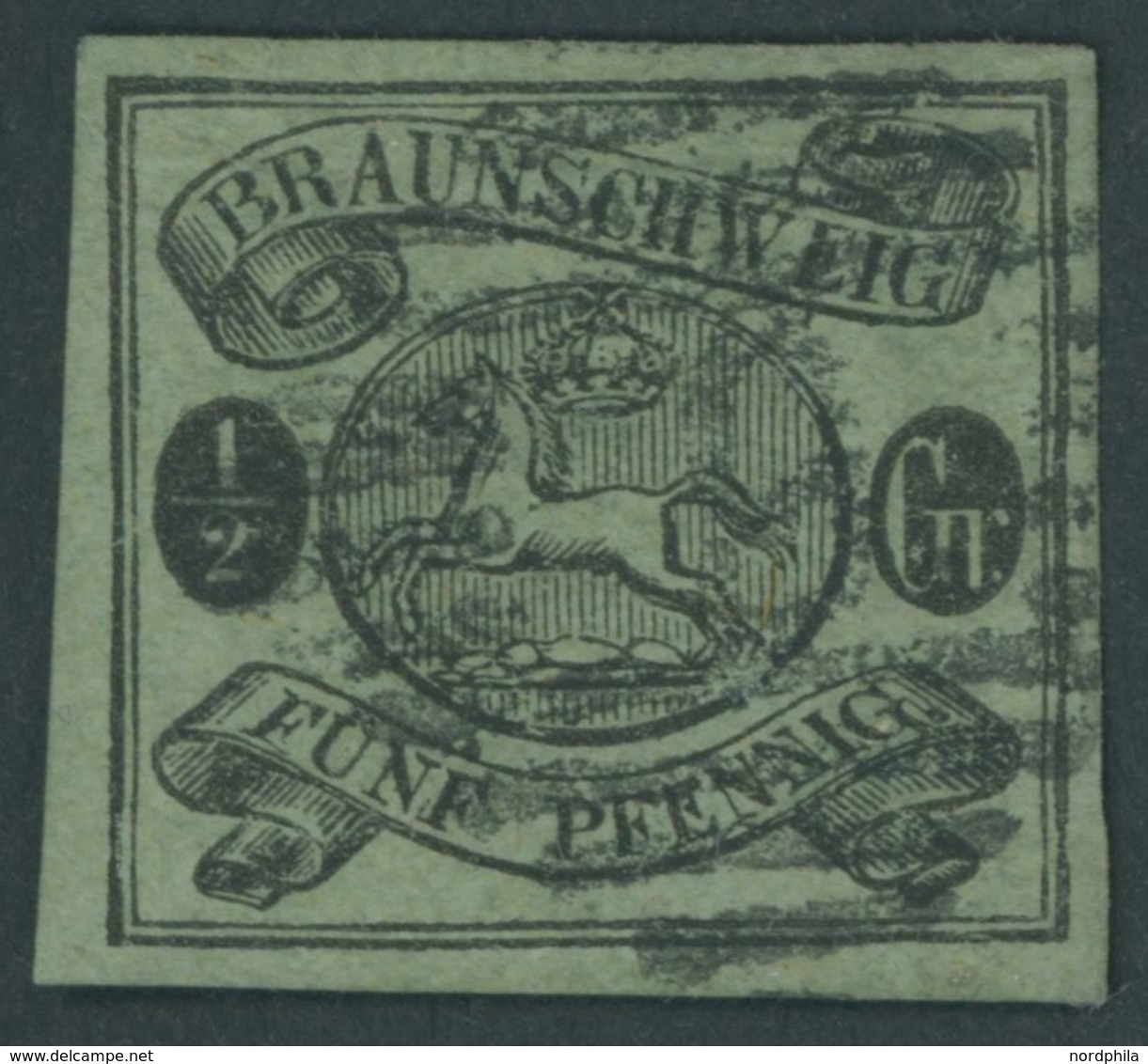 BRAUNSCHWEIG 10A O, 1863, 11/2 Gr. Schwarz Auf Lebhaftgraugrün, Pracht, Signiert Schlesinger, Mi. 300.- - Brunswick