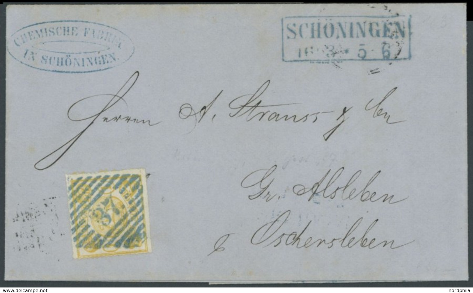 BRAUNSCHWEIG 14A BRIEF, 1865, 1 Sgr. Gelbocker, Durchstochen 16, Mit Blauem Nummernstempel 16 Auf Briefhülle Von SCHÖNIN - Brunswick