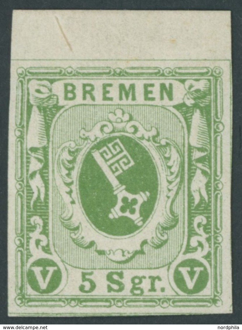 BREMEN 4c *, 1859, 5 Sgr. Grün, Oberrandstück, Falzrest, Pracht, Signiert - Brême