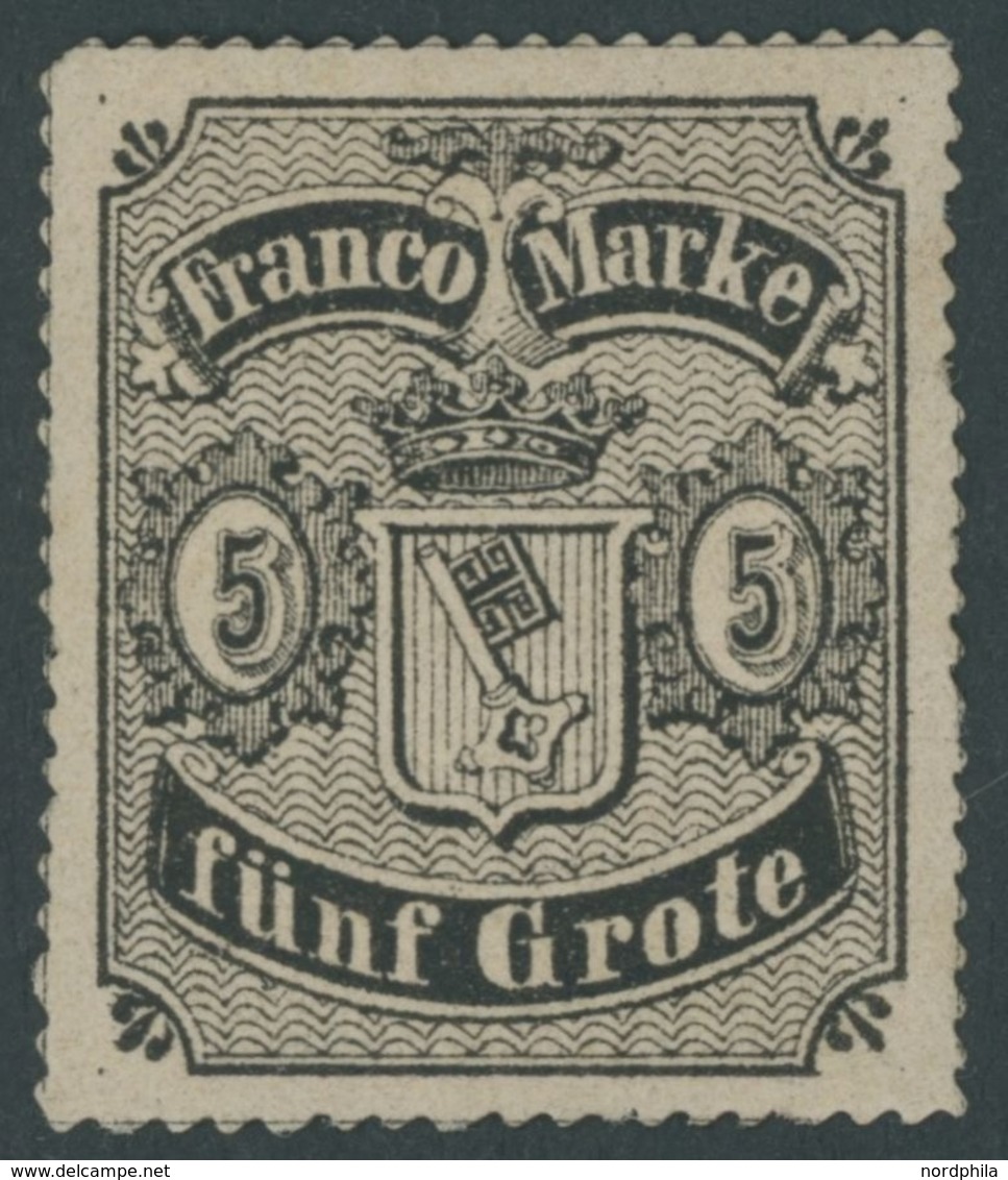 BREMEN 7B (*), 1862, 5 Gr. Schwarz Auf Hellkarmingrau, Durchstich D 1II, Type II, Gummi Nicht Original, Falzrest, Pracht - Brême