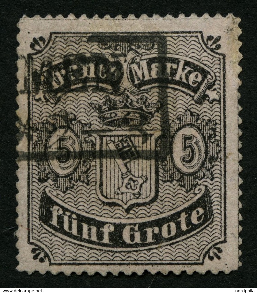 BREMEN 7B O, 1862, 5 Gr. Schwarz Auf Hellkarmingrau, Durchstich D 1II, Kleine Korrigierte Stelle Am Rand Sonst Pracht, M - Bremen