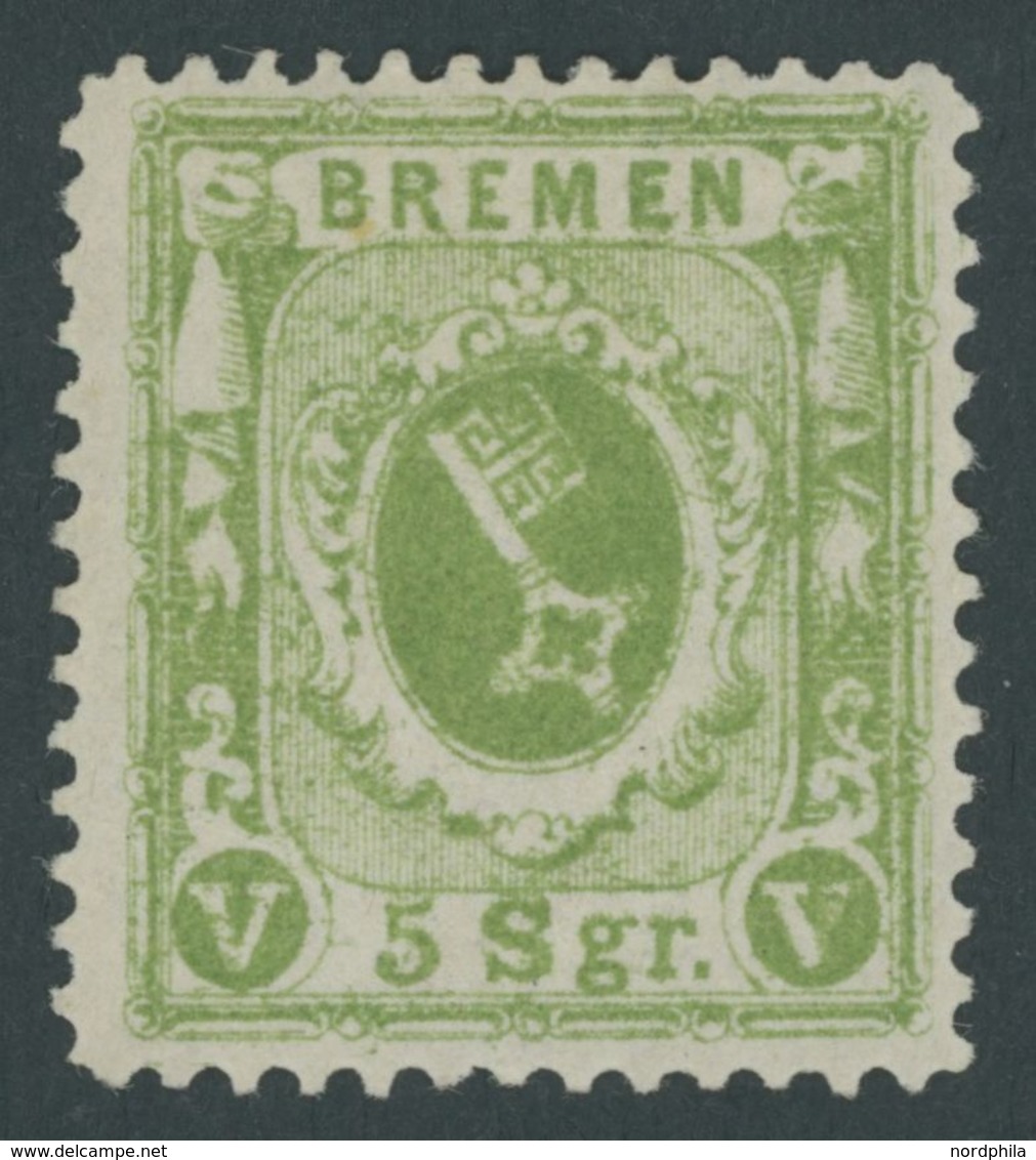 BREMEN 15b *, 1867, 5 Sgr. Dunkelolivgrün, Falzrest, Pracht, U.a. Großes Rotes Signum, Mi. 180.- - Bremen