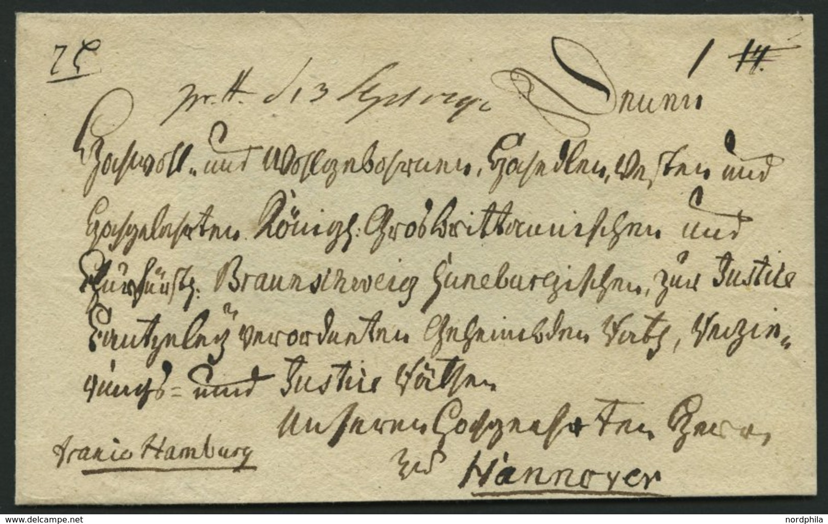 HAMBURG VORPHILA 1792, Interessante Fürstenbriefhülle (nicht Vollständig), Handschriftlich Franco Hamburg Nach Hannover, - Vorphilatelie