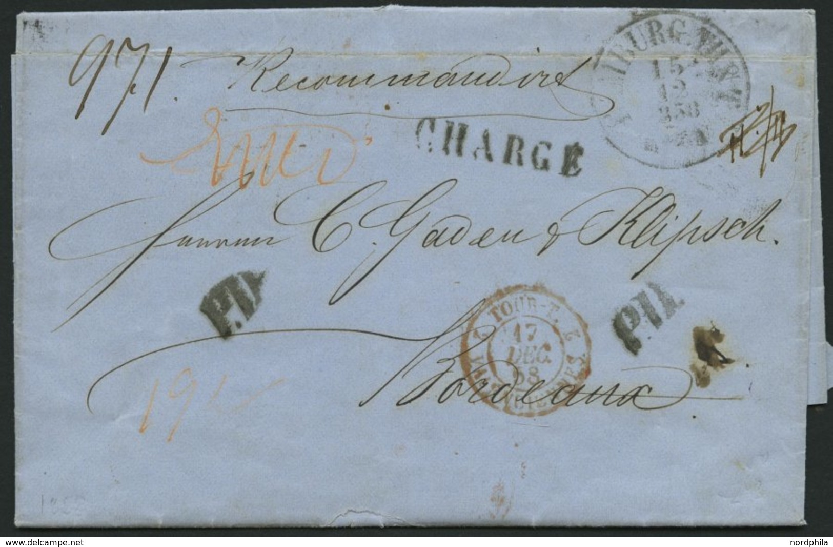 HAMBURG - THURN UND TAXISCHES O.P.A. 1858, HAMBURG TH & T, K1 Auf Reco-Brief Nach Bordeaux, Diverse Nebenstpl., Mit CHAR - Altri & Non Classificati