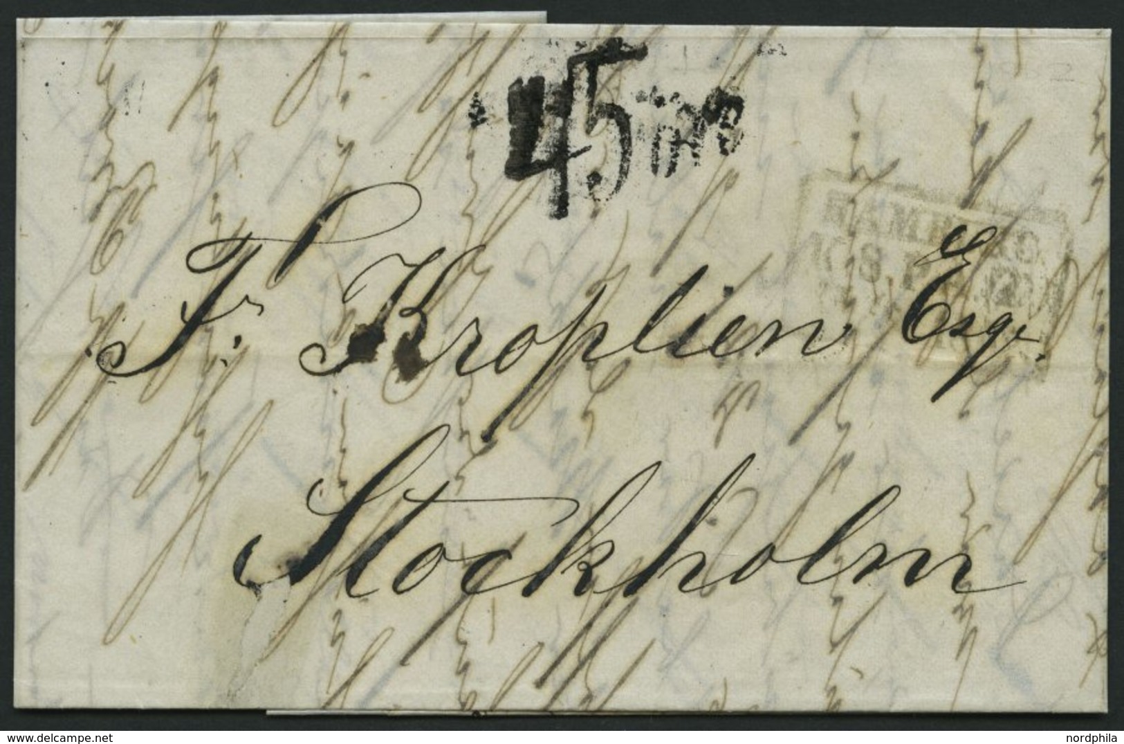 HAMBURG-VORPHILA 1862, HAMBURG K.S.P.A., R3 Auf Brief Von London Nach Stockholm, Tax-Stempel 45 öre, Prachtbrief, R! - Préphilatélie