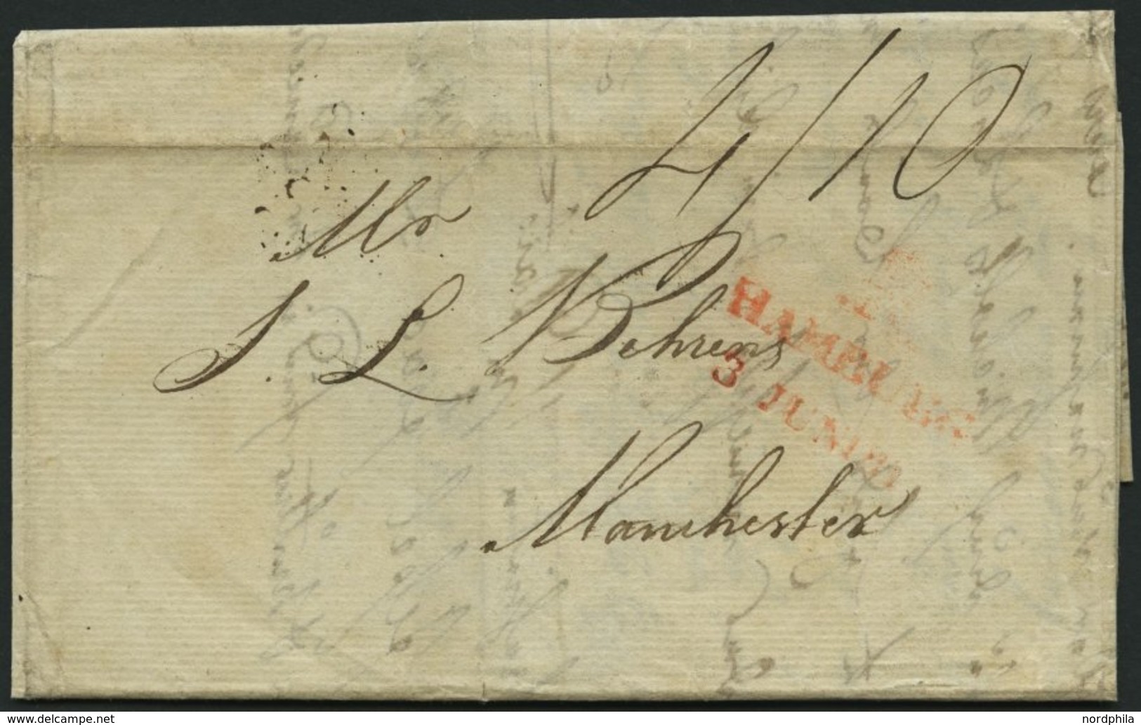 HAMBURG VORPHILA 1817, HAMBURG.,roter L2 Mit Turm Auf Brief Nach Manchester, Rückseitiger Transitstempel, Feinst - Precursores