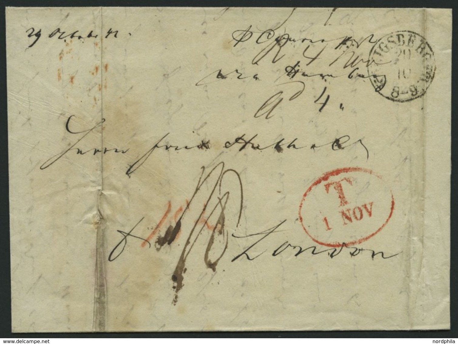 HAMBURG 1842, T 1 NOV, Rote Sonderform Auf Brief Von Königsberg (K1) Nach London, Feinst (Reg.-büge) - Prephilately