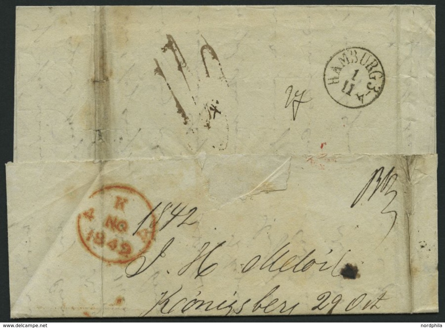 HAMBURG 1842, T 1 NOV, Rote Sonderform Auf Brief Von Königsberg (K1) Nach London, Feinst (Reg.-büge) - Vorphilatelie