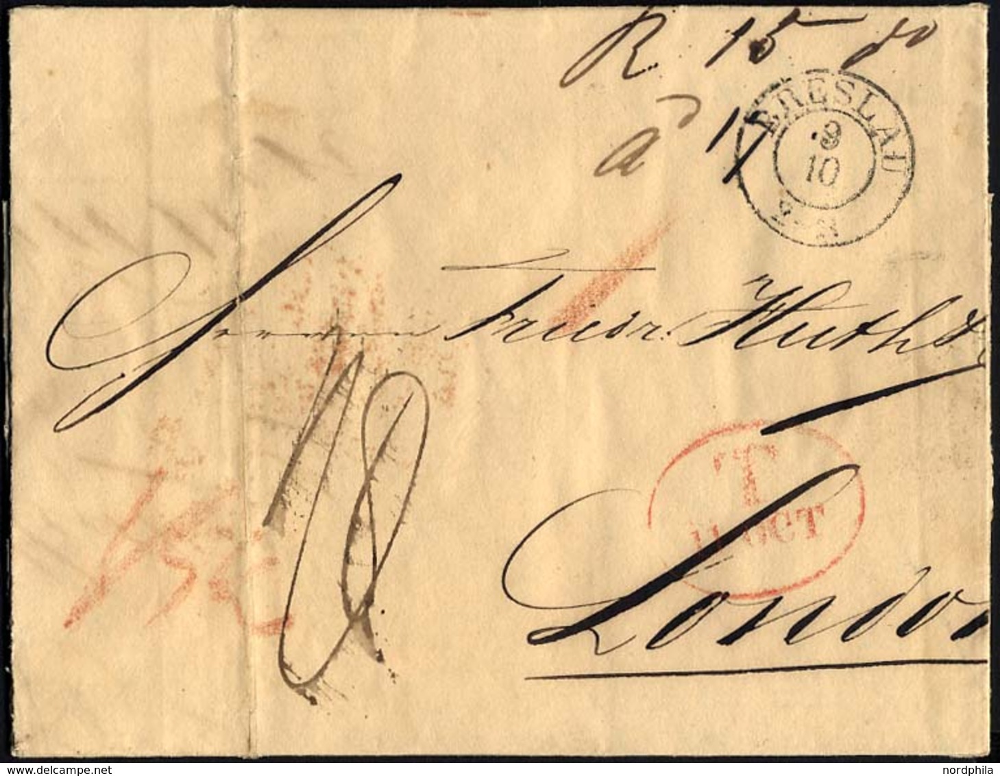 HAMBURG 1842, T 11 OCT, Rote Sonderform Auf Brief Von Breslau (K2) Nach London, Rückseitiger Durchgangsstempel Von Hambu - Prefilatelia