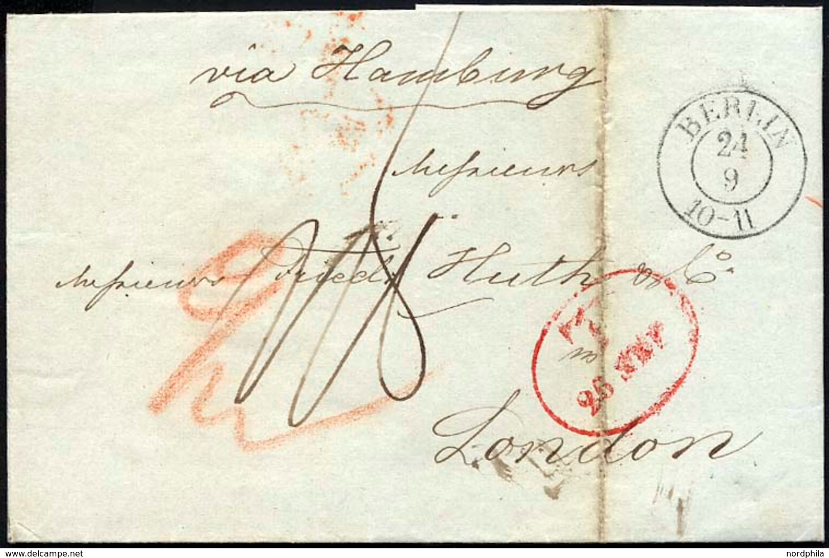 HAMBURG 1843, T 26 SEP, Rote Sonderform Auf Brief Von Berlin (K2) Via - Prephilately