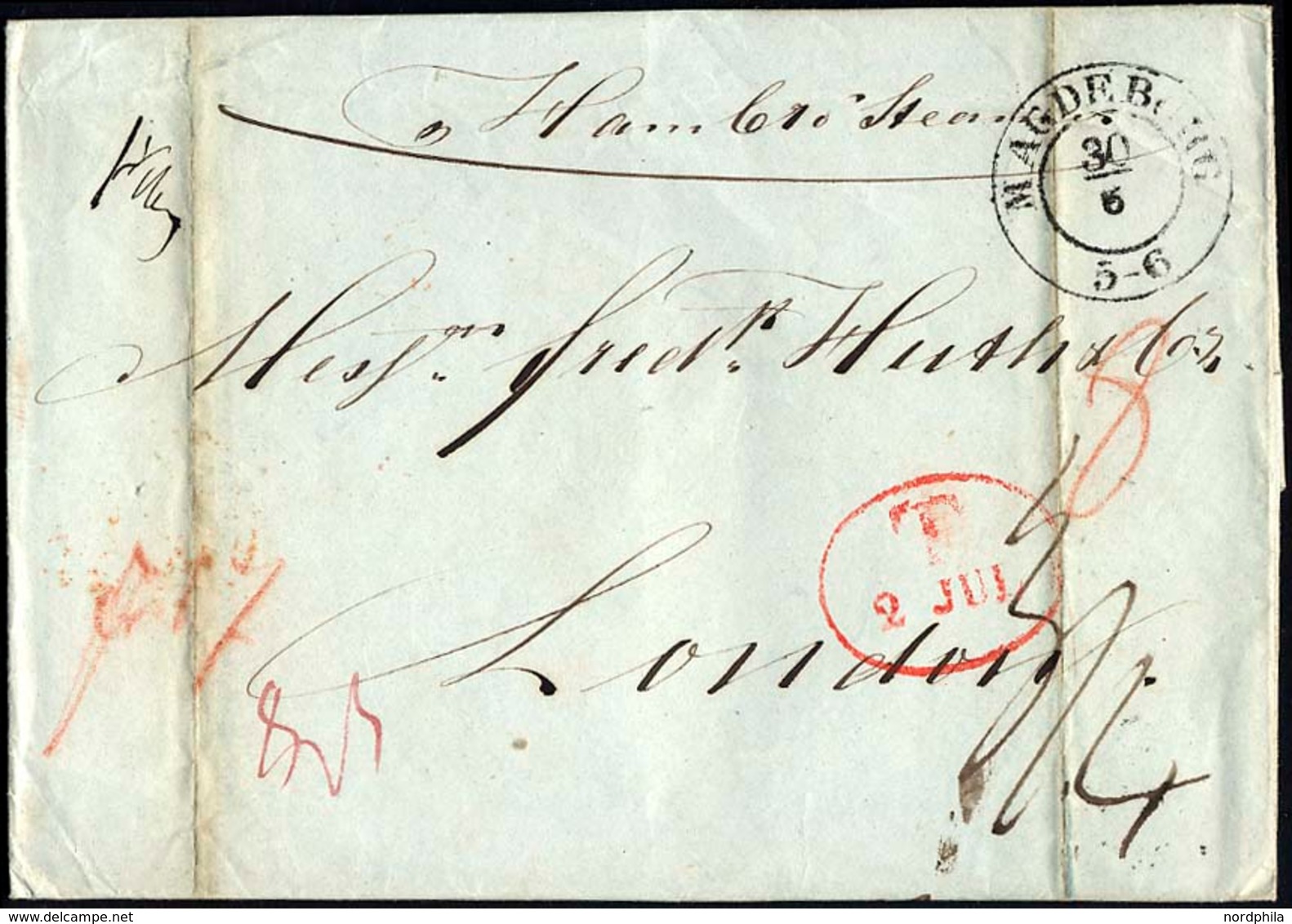 HAMBURG 1844, T 2 JUL, Rote Sonderform Auf Brief Von Magdeburg (K2) Per HAMBURG STEAMER Nach London, Rückseitig Kleiner  - Préphilatélie