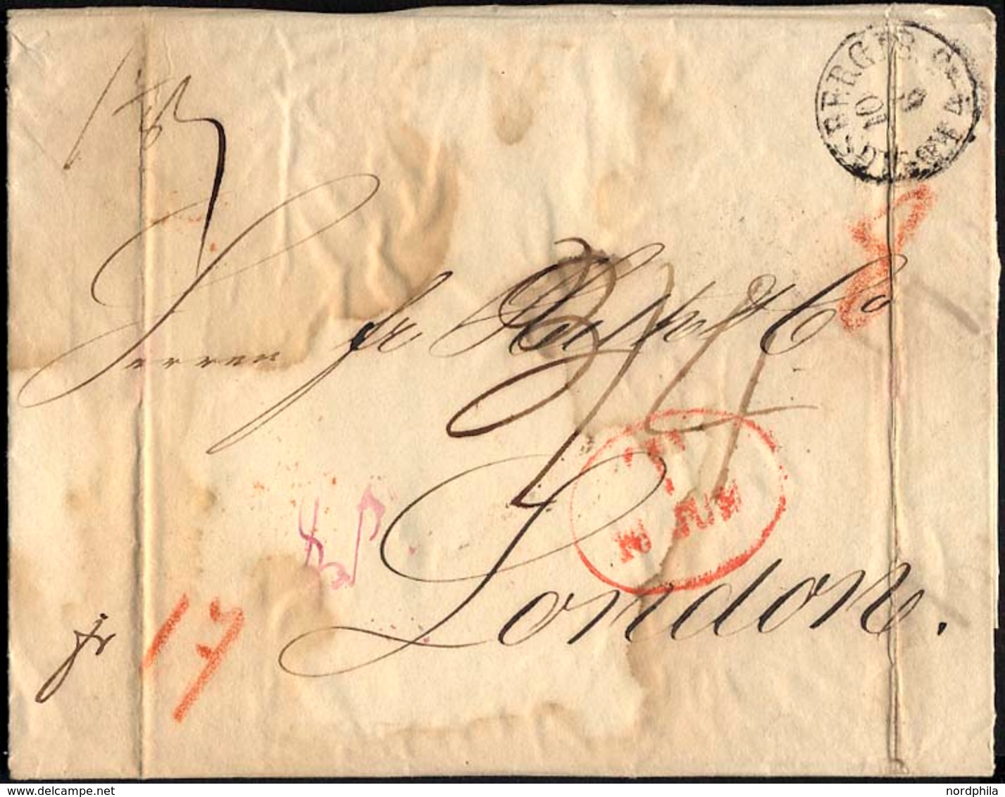 HAMBURG - GRENZÜBERGANGSSTEMPEL 1846, T 10 JUN, In Rot Auf Brief Von Königsberg Nach London, Rückseitiger Durchgangsstem - Vorphilatelie