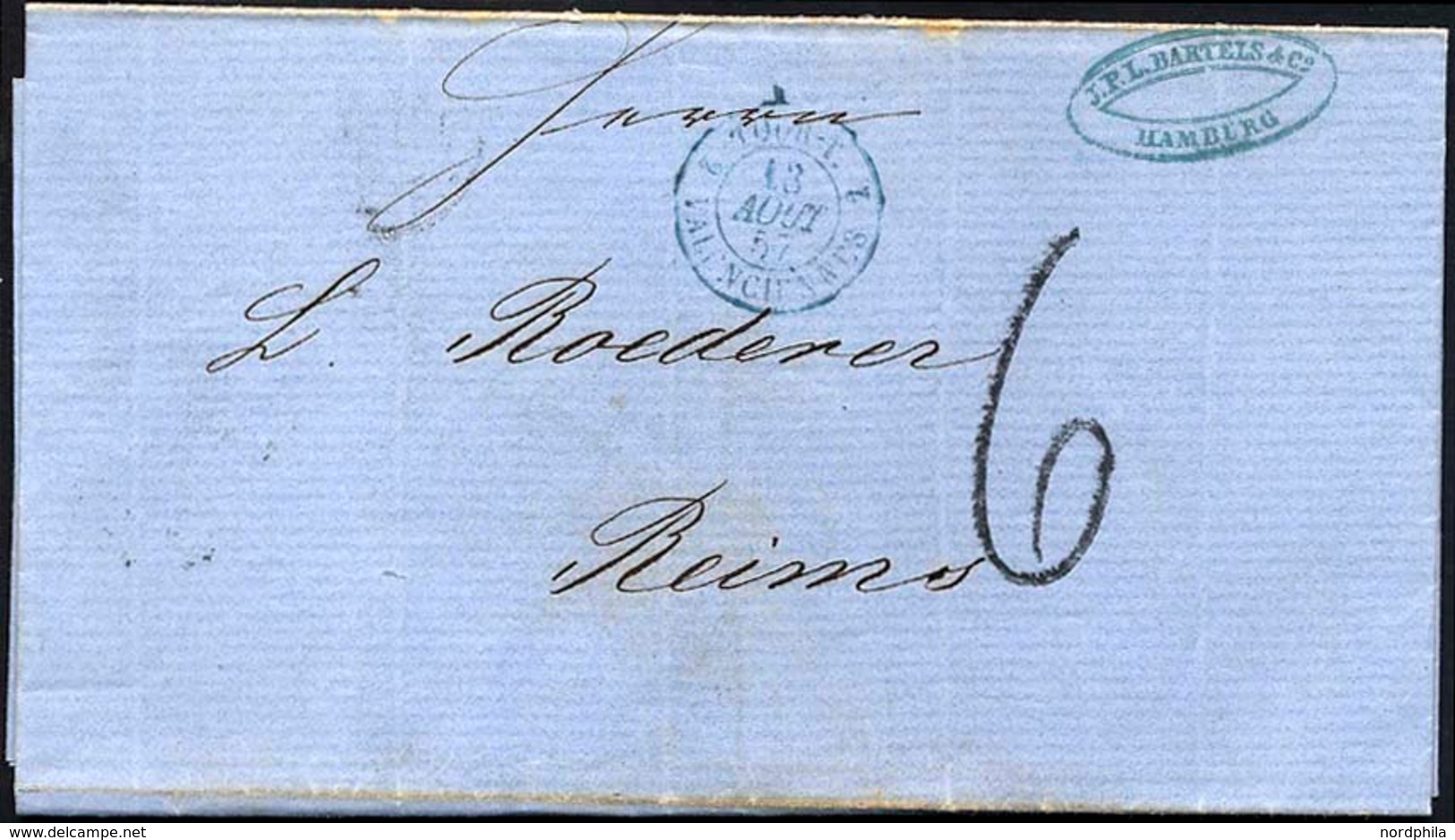 HAMBURG - GRENZÜBERGANGSSTEMPEL 1857, 6, Taxstempel Auf Brief Von Hamburg Nach Reims, Blauer Tourstempel, Rückseitiger D - Prefilatelia