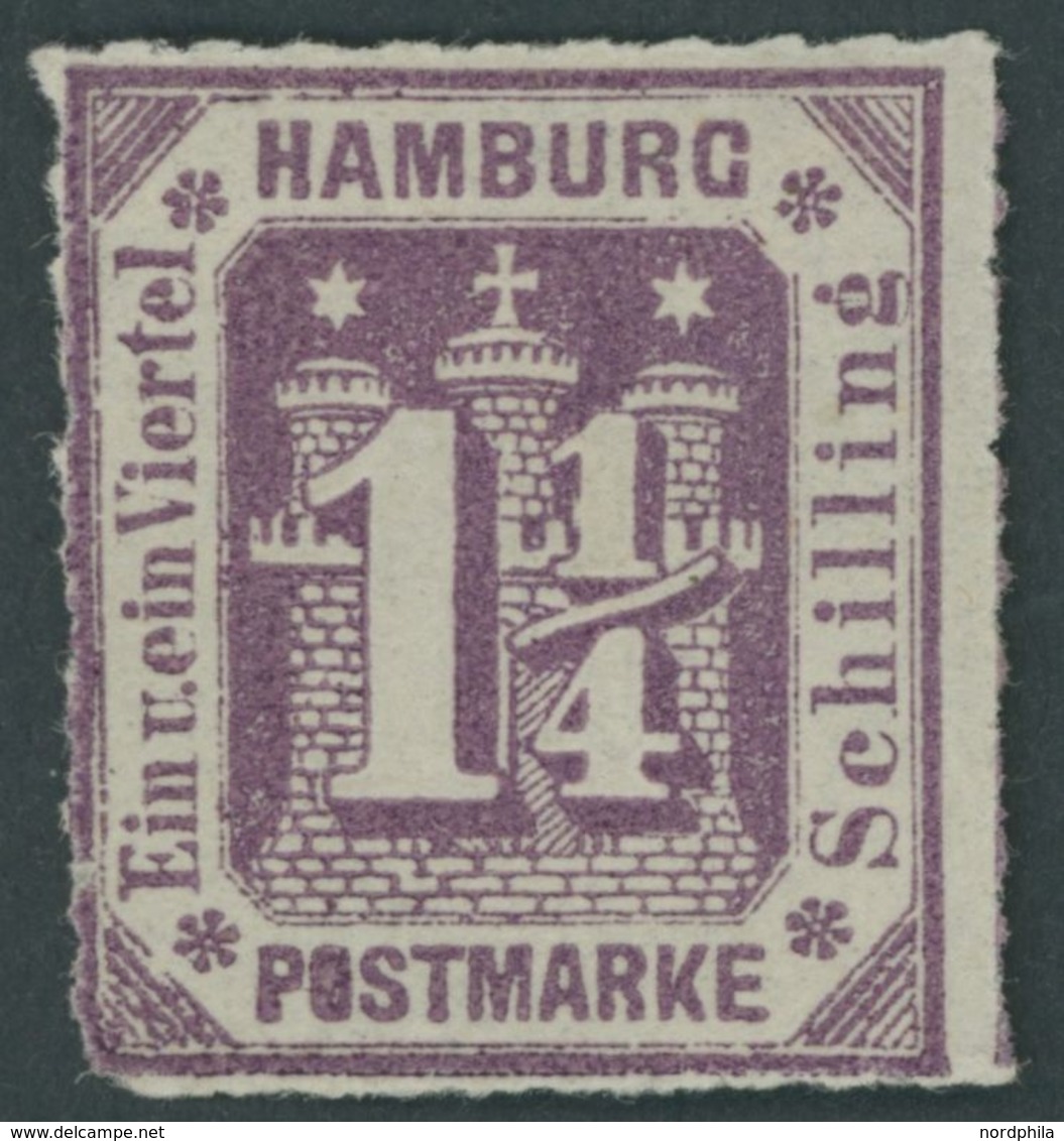 HAMBURG 20aII *, 1866, 11/4 S. Dunkelbraunviolett Mit Plattenfehler O In Postmarke Ausgefüllt, Falzrest, Links Unten Eck - Hamburg