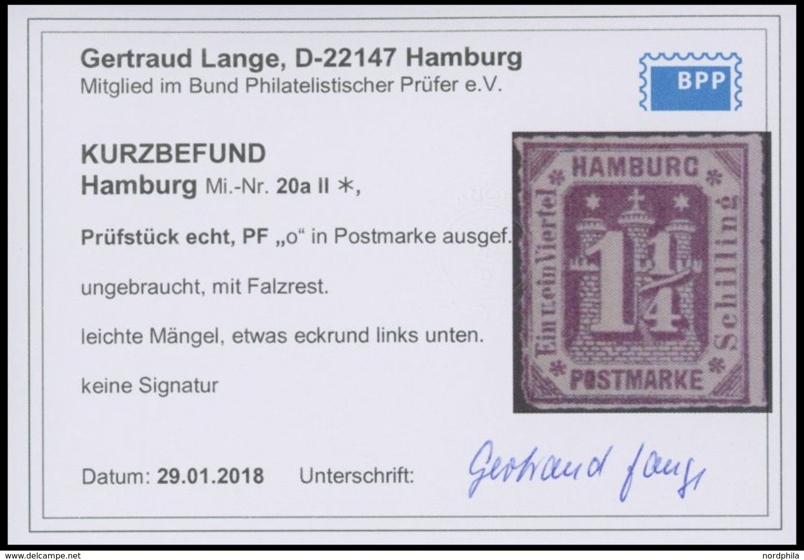 HAMBURG 20aII *, 1866, 11/4 S. Dunkelbraunviolett Mit Plattenfehler O In Postmarke Ausgefüllt, Falzrest, Links Unten Eck - Hamburg (Amburgo)