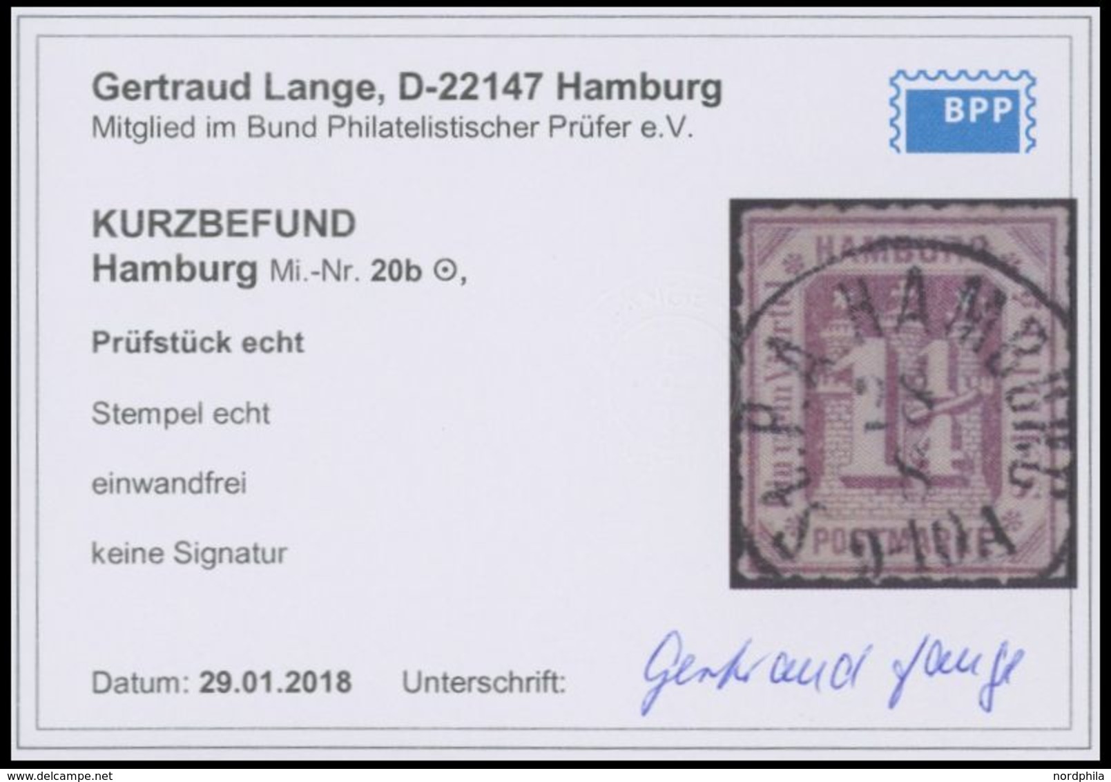 HAMBURG 20b O, 1866, 11/4 S. Graupurpur, Schwarzer K1 St.P.A. HAMBURG, Kabinett, Kurzbefund Lange - Hamburg