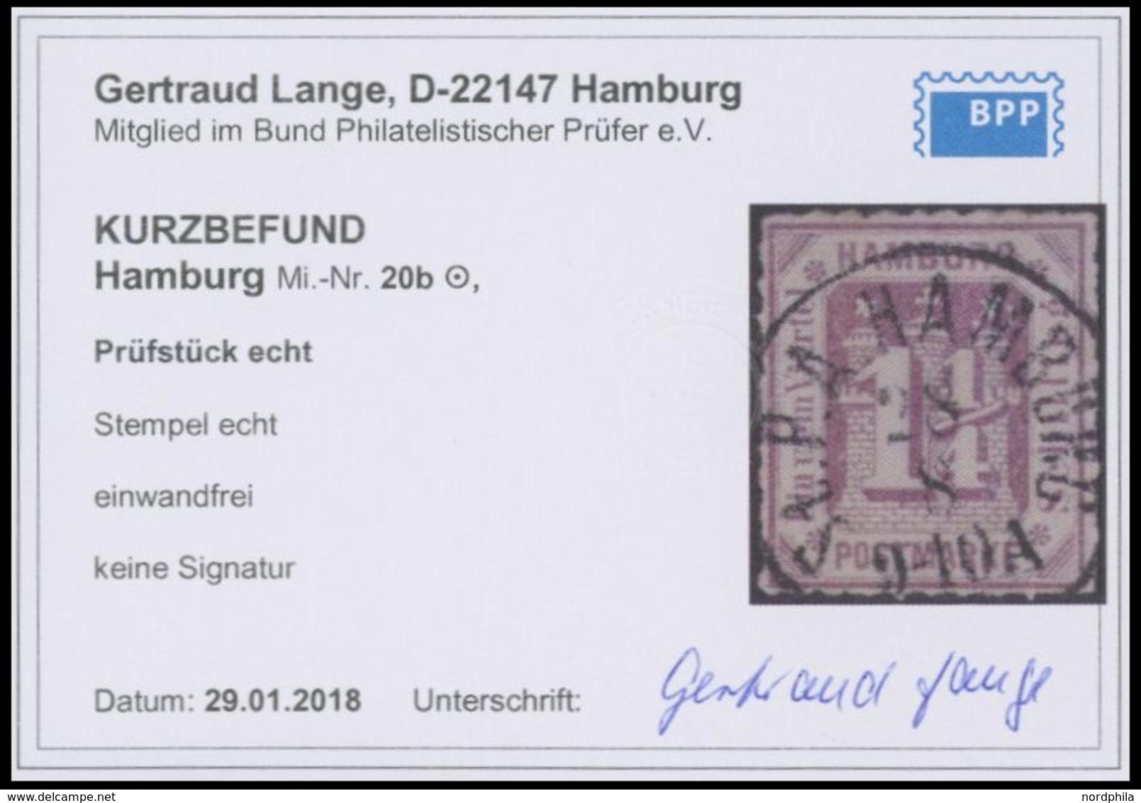 HAMBURG 20b O, 1866, 11/4 S. Graupurpur, Schwarzer K1 St.P.A. HAMBURG, Kabinett, Kurzbefund Lange - Hambourg