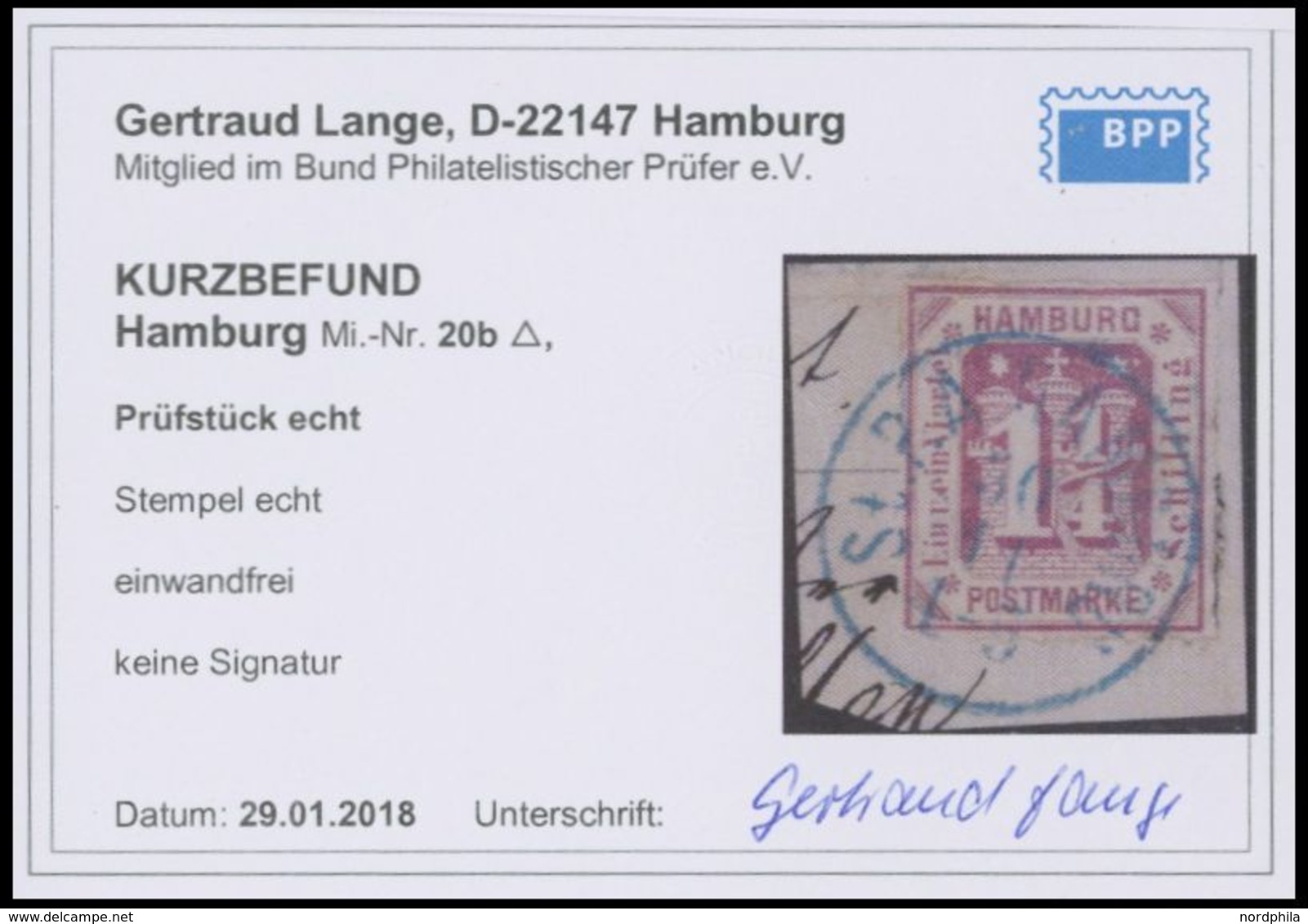 HAMBURG 20b BrfStk, 1866, 11/4 S. Graupurpur, Blauer K1 St.P.A. HAMBURG, Prachtbriefstück, Kurzbefund Lange - Hambourg